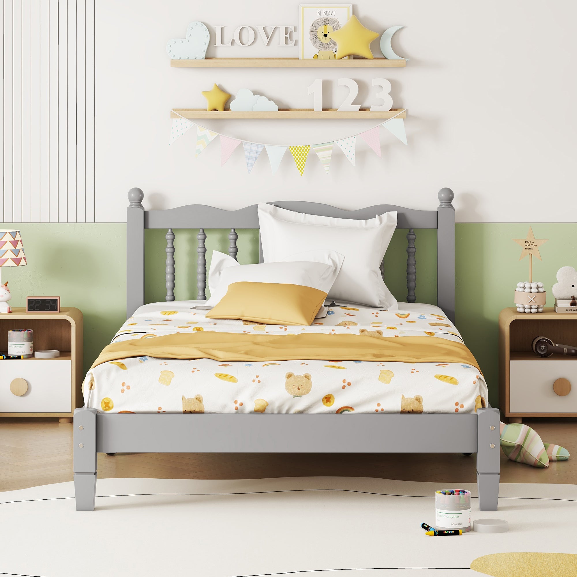 Gray Twin Bed with Column-Decorative Headboard