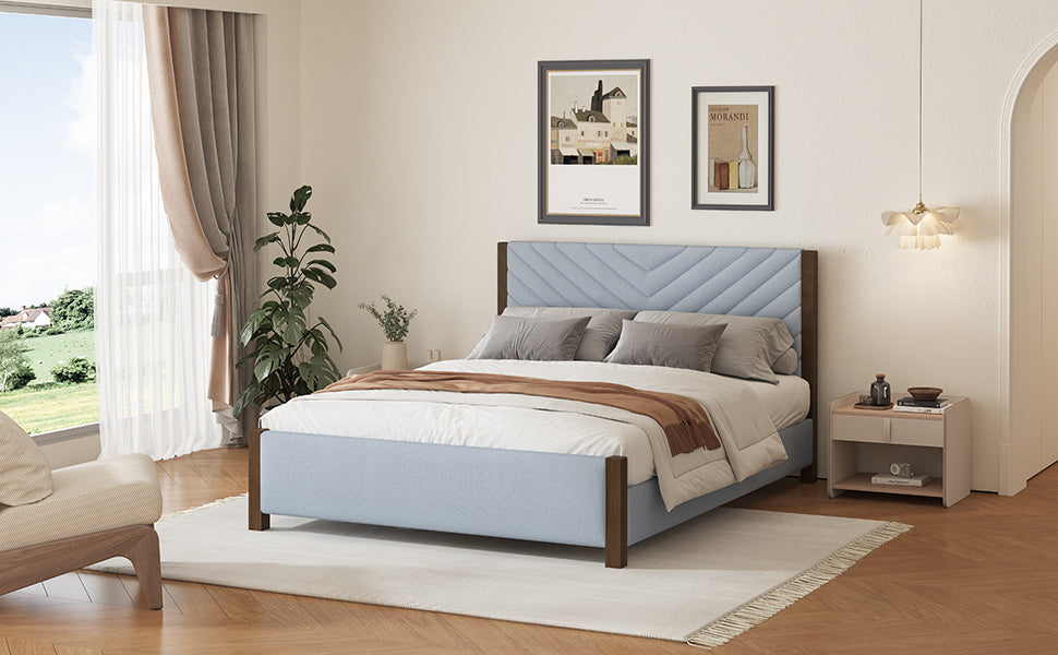 Modern Mid-Century Queen Upholstered Platform Bed with Chevron Headboard in Gray