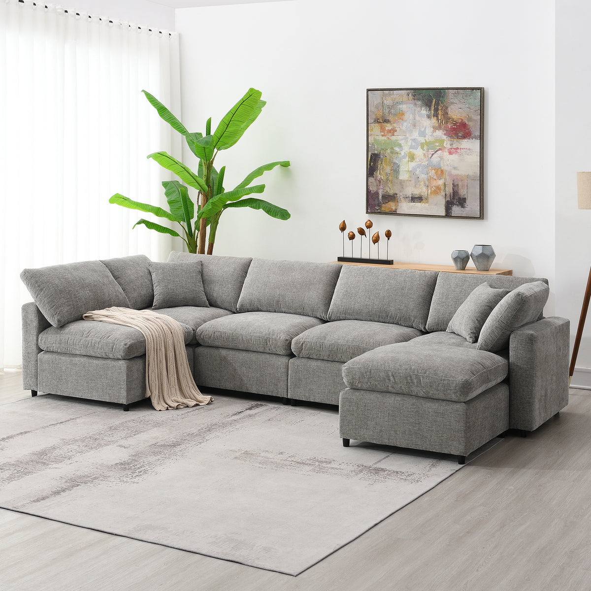 Modern Modular Cloud Sofa Bed 6 Seat Chenille Sectional Convertible Design with Ottoman In Gray