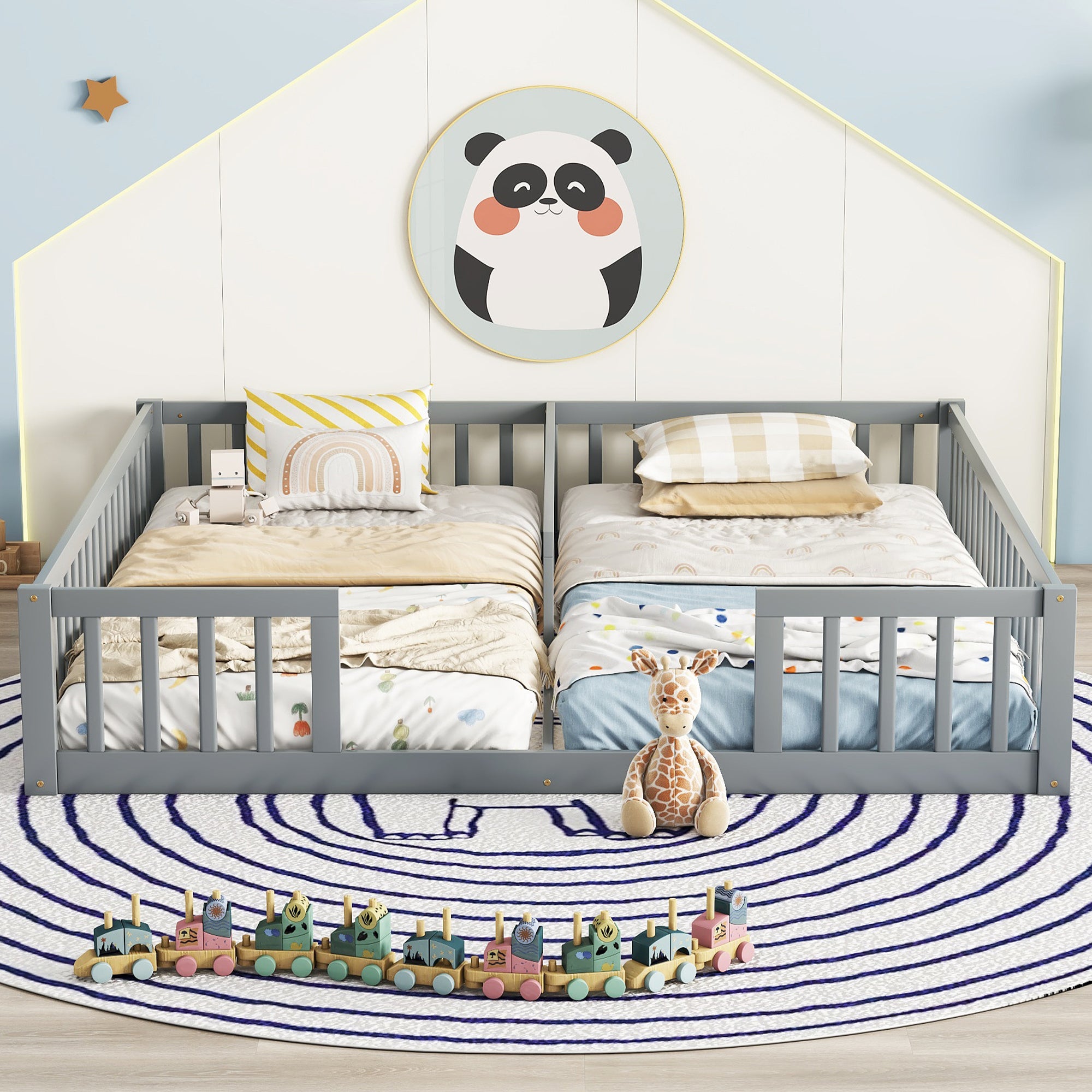 Gray Double Twin Toddler Floor Bed with Fence and Guardrails