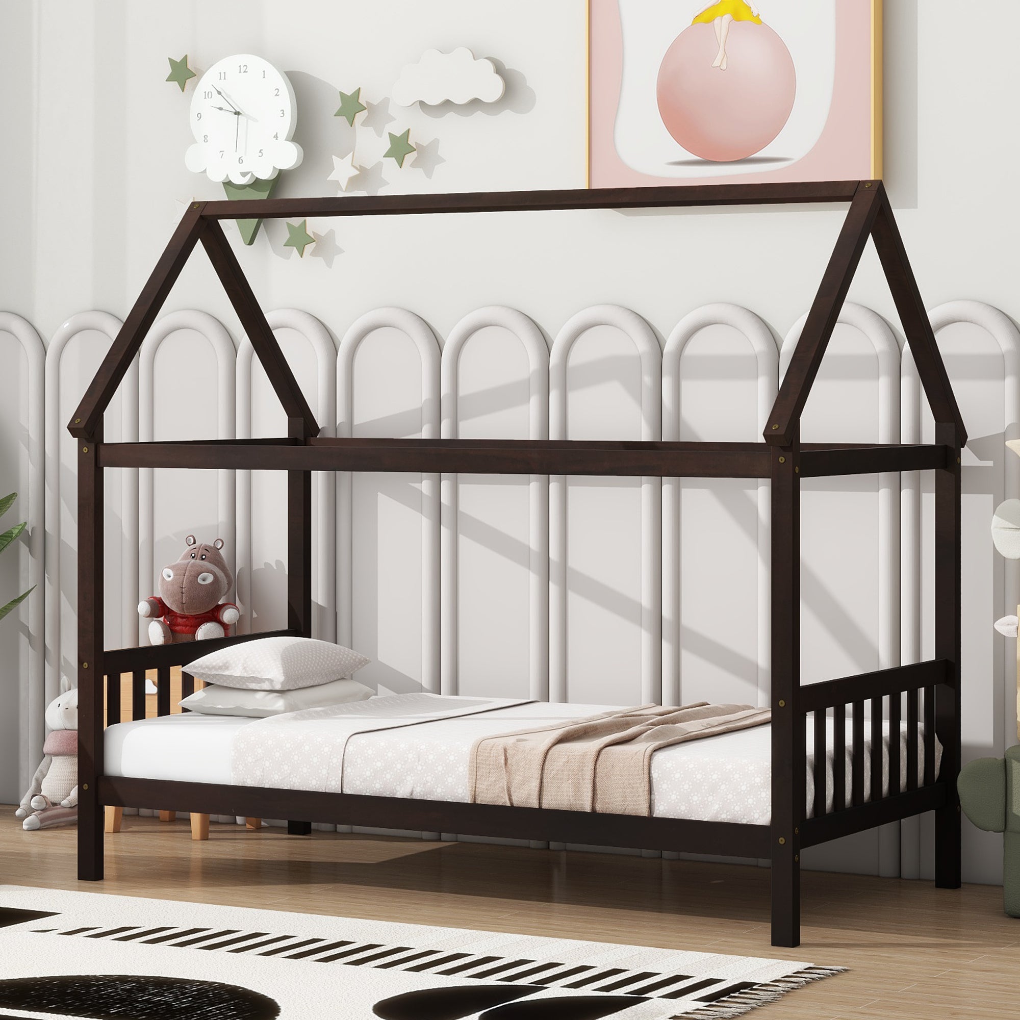 Espresso Twin Rubber Wood House Bed with Headboard and Footboard