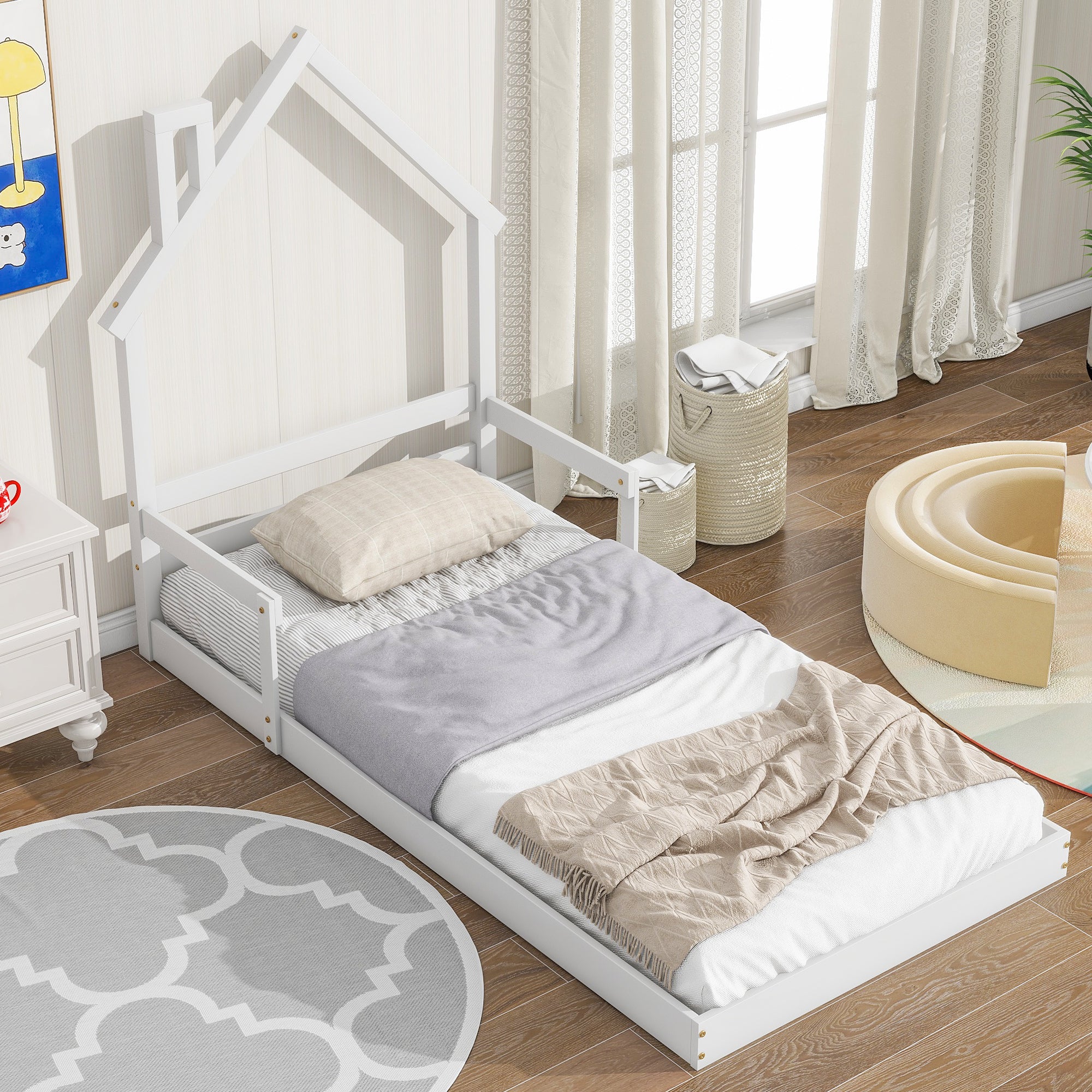 White Twin House-Shaped Headboard Toddler Floor Bed with Handrails