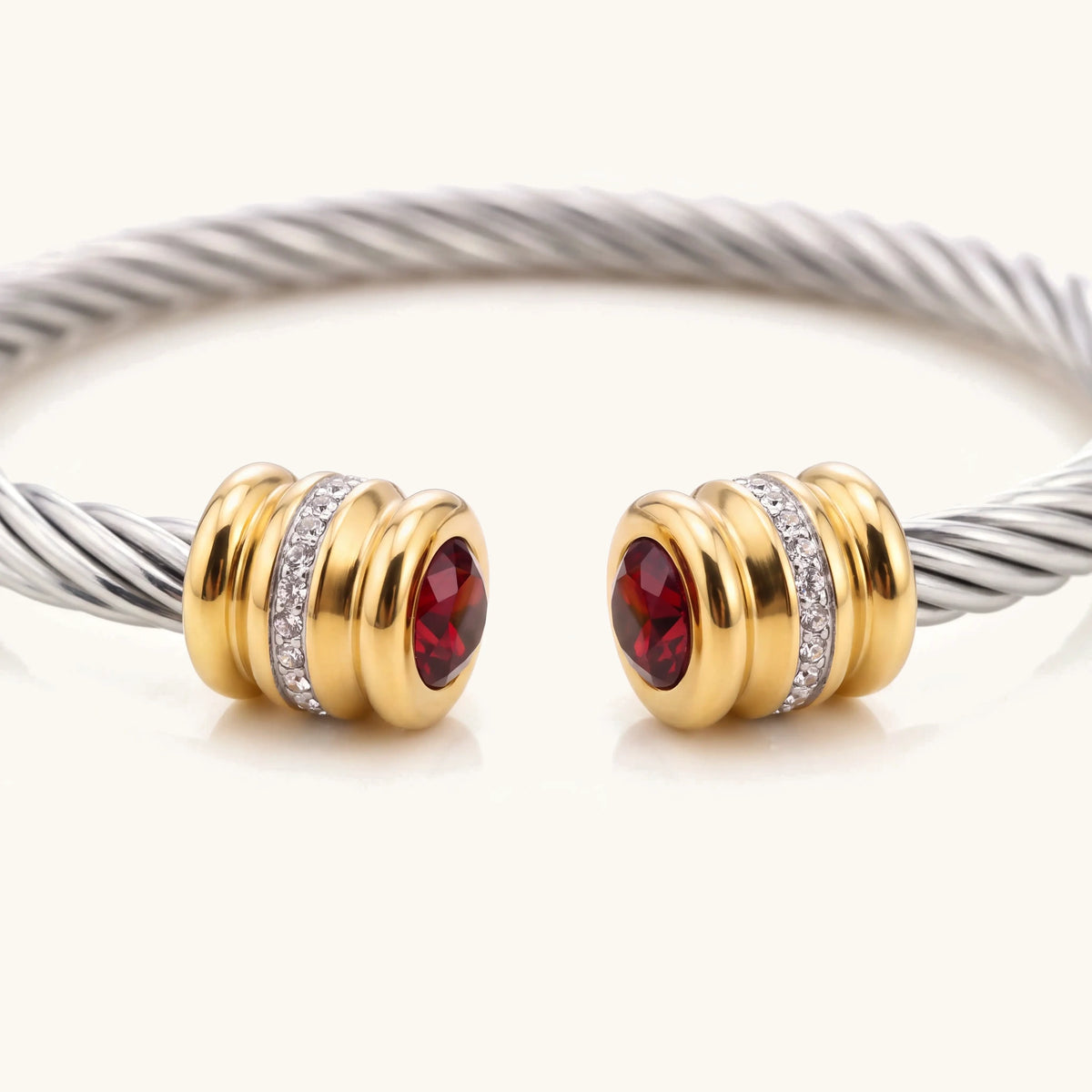 Close-up of the birthstone ends on the twisted cuff bracelet