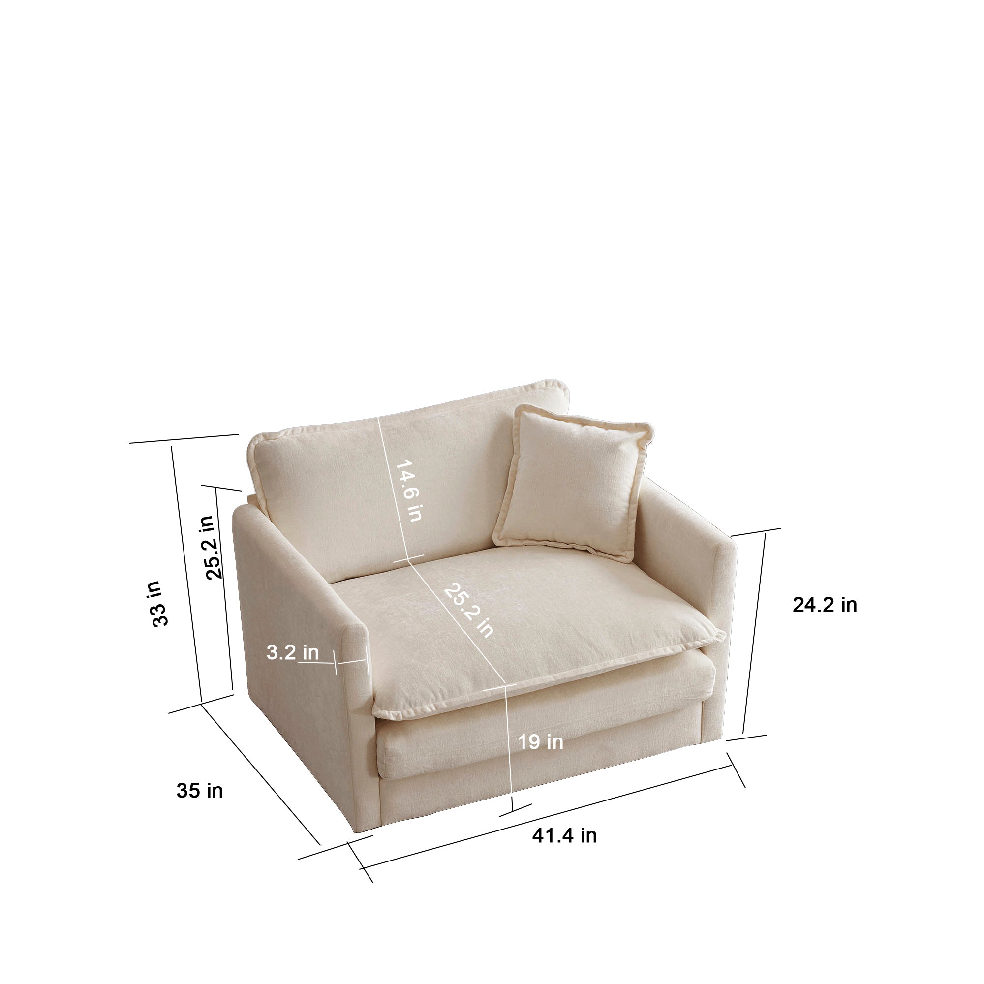 Comfy Beige Chenille Upholstered Deep Single Seat Sofa Armchair with Toss Pillow