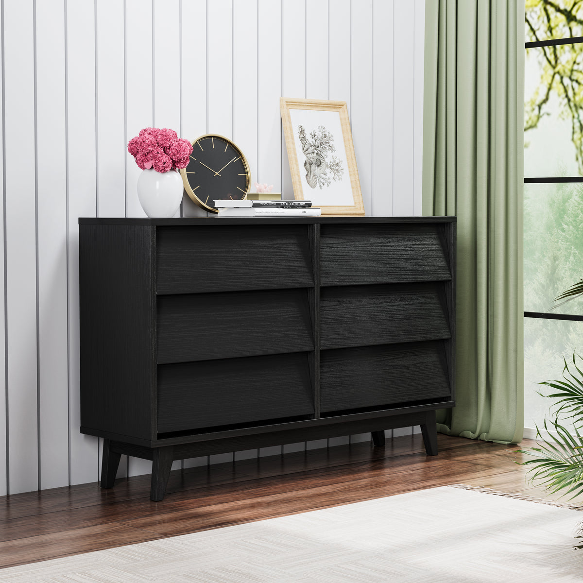 6 Drawer Double Dresser Features Vintage-Style and Bevel Design In Black