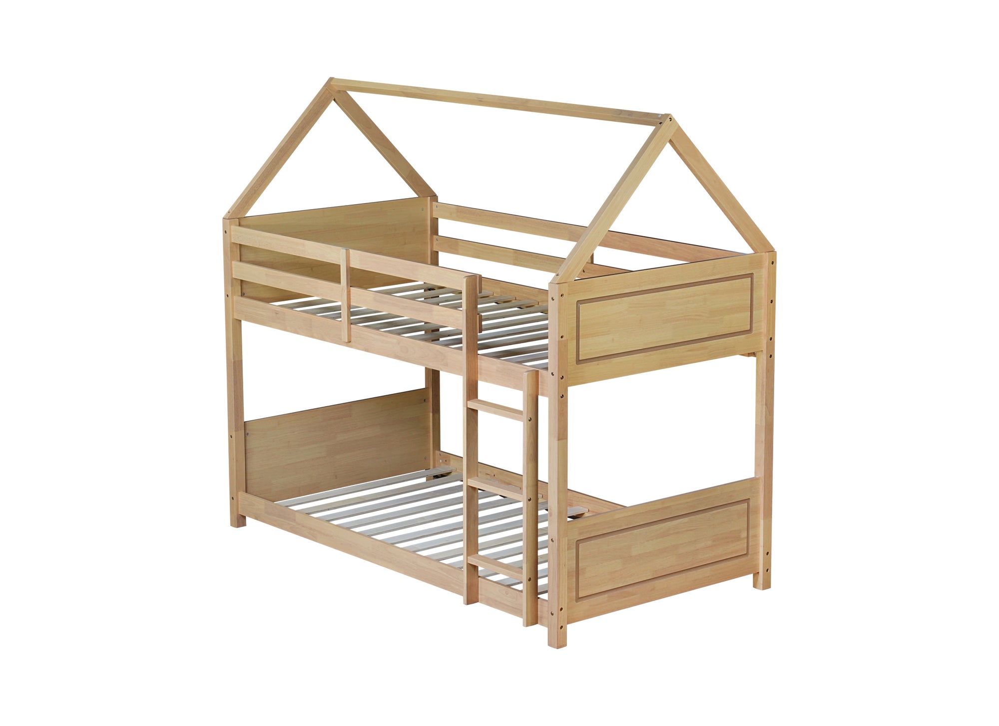 White Oak Twin Over Twin House Floor Bunk Bed with Headboards, Footboards, Guardrails, and Ladder