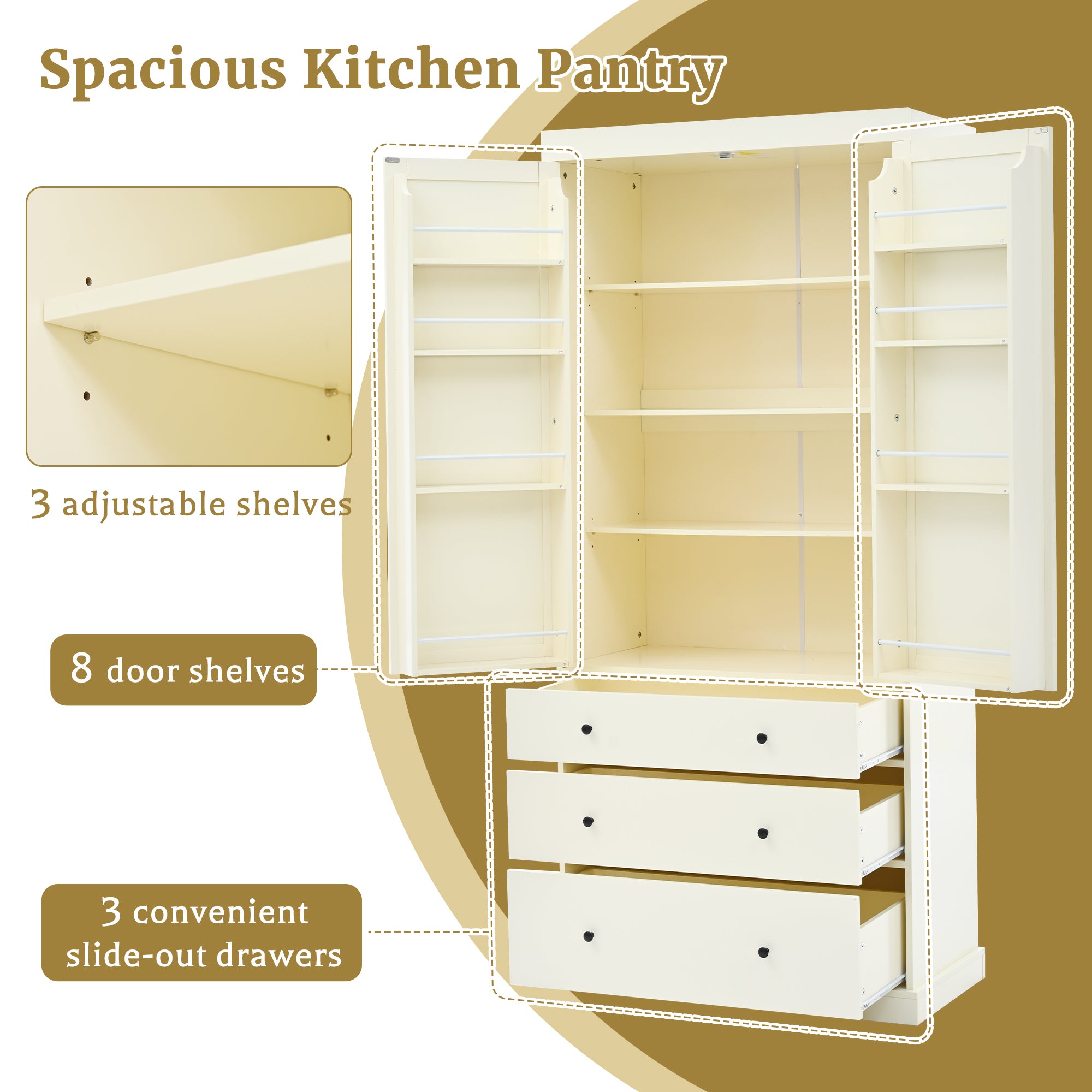 Spacious 77inch Farmhouse Kitchen Pantry with 3 Adjustable Shelves, 8 Door Shelves, 3 Drawers for Storage In Cream