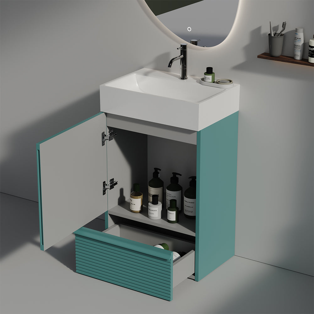 20" Striped Aquamarine Bathroom Vanity with Ceramic Sink Freestanding Modern Cabinet In Aqua
