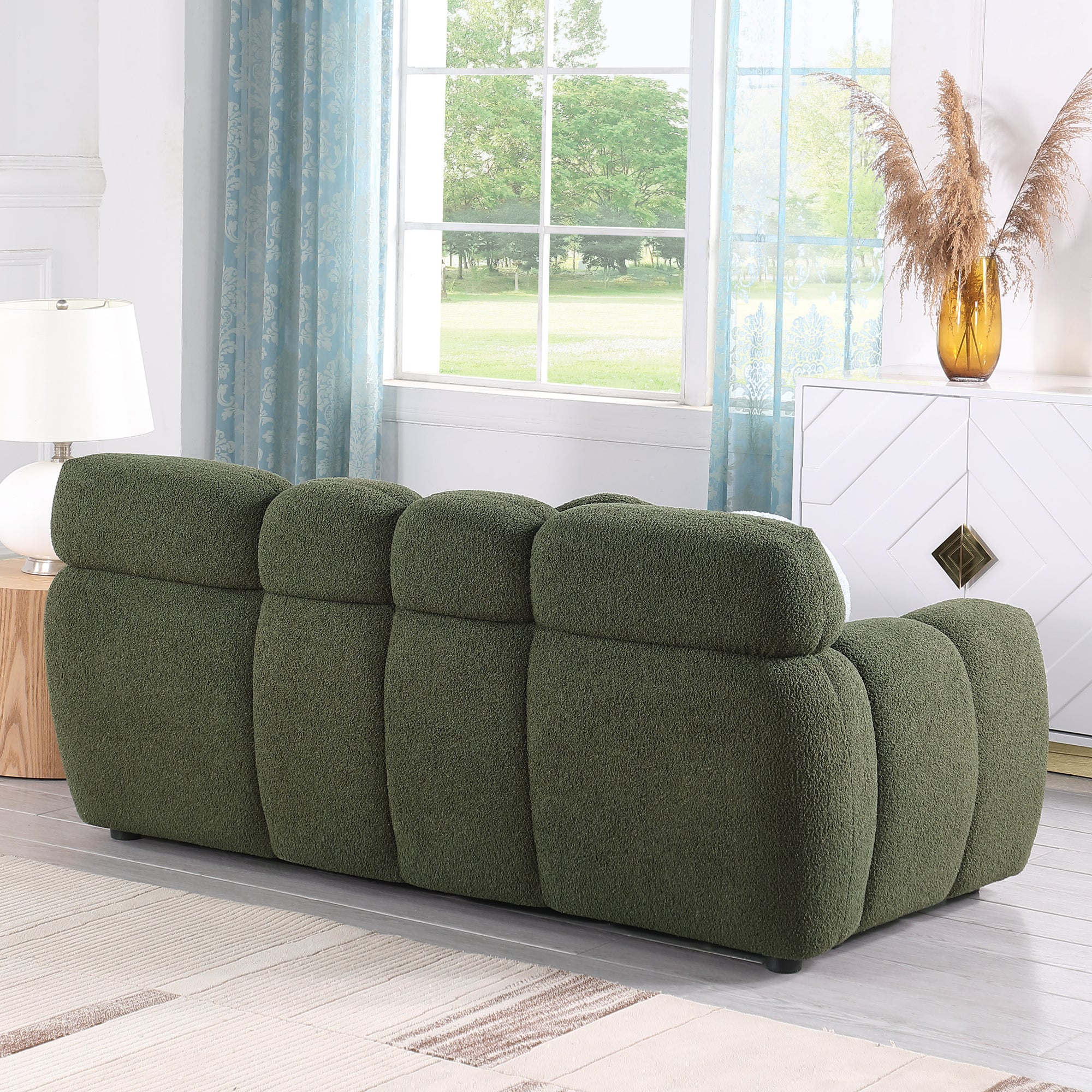 Olive Green Boucle 3-Seater Marshmallow Sofa with Rolled Arms & Plush Cushions