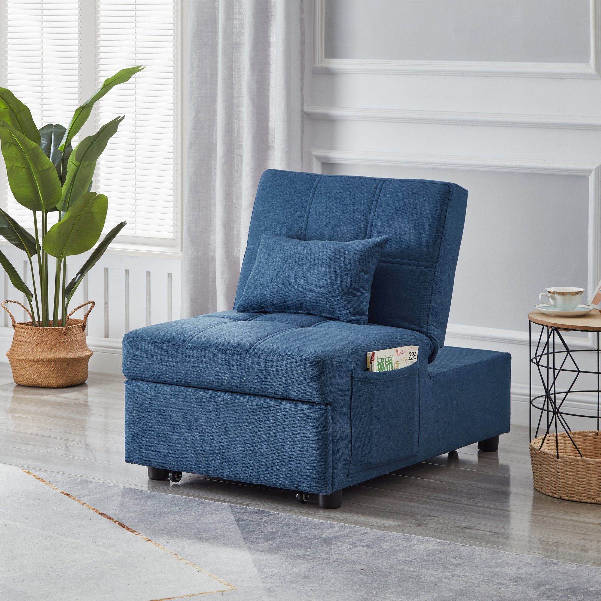 Blue Linen Fabric Recliner Chair Bed