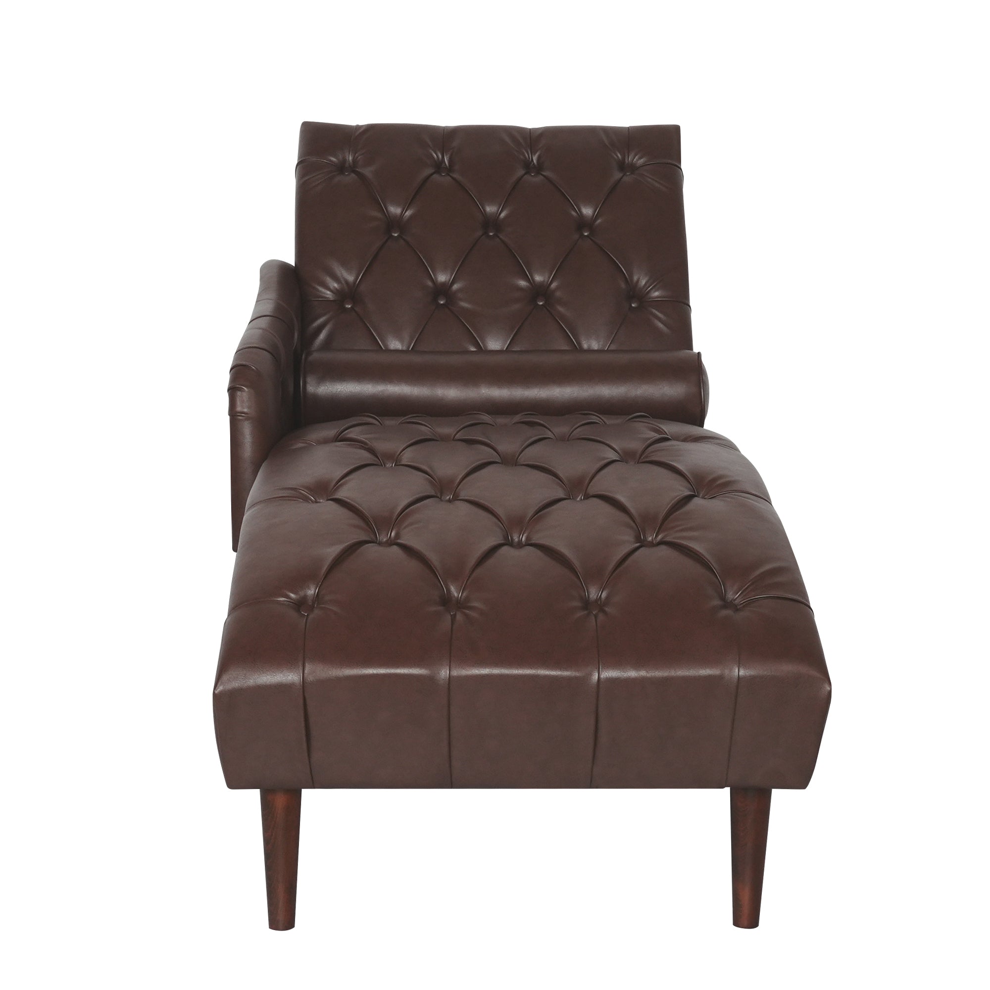 Dark Brown Faux Leather Chaise Lounge Arm Chair with Tufted Backrest and Pillow