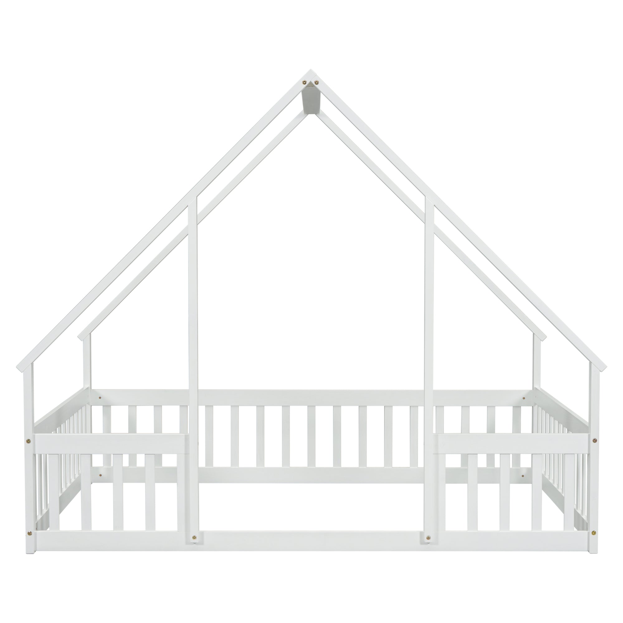 White Full Wood House-Shaped Toddler Floor Bed with Fence and Guardrails