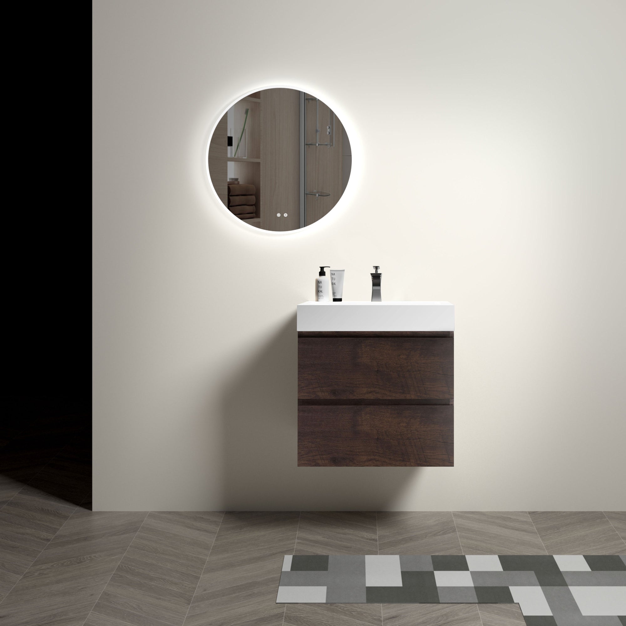 24 Walnut Floating Bathroom Vanity with Sink Large Storage Wall Mounted Design One-Piece White Basin Pre-assembled In White