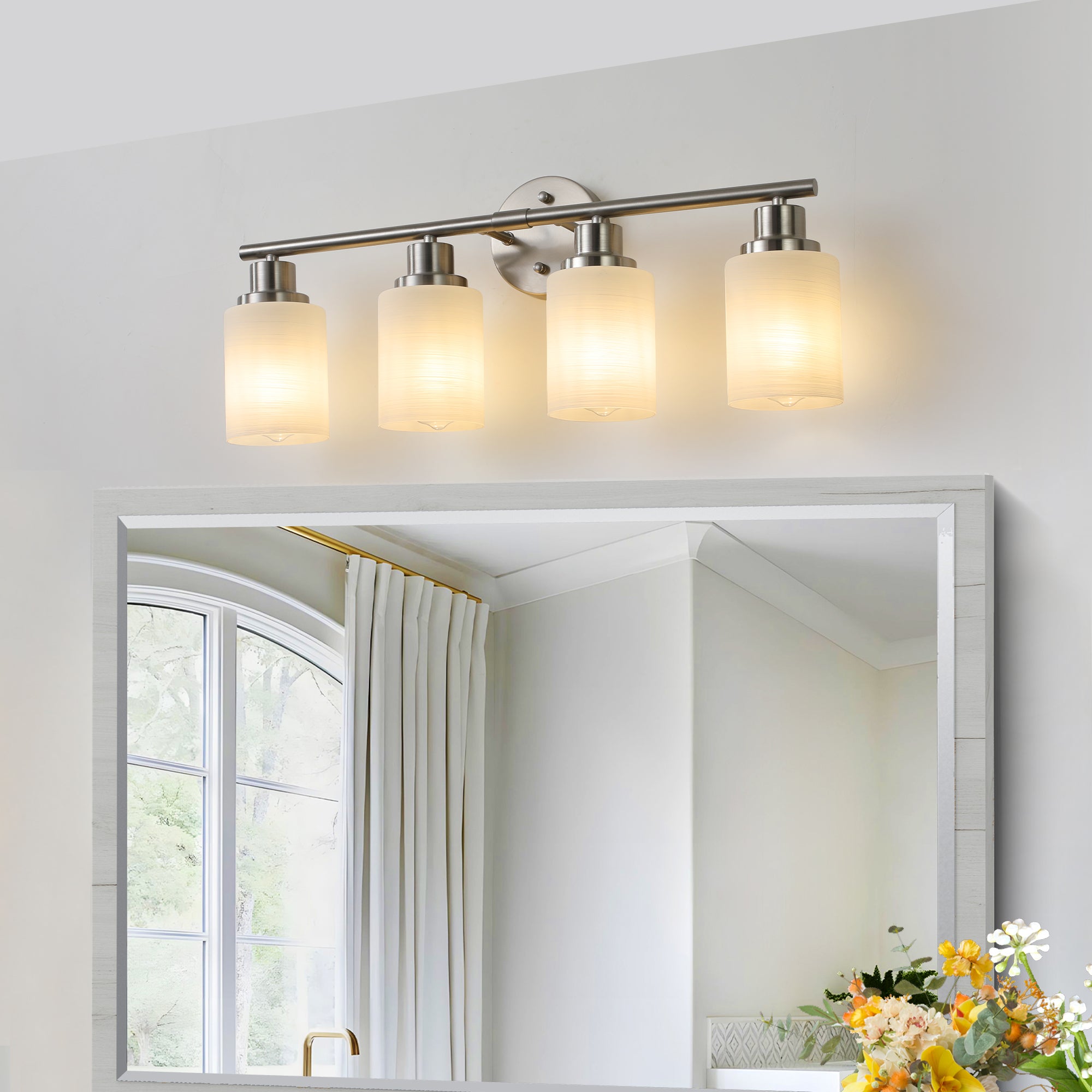 4-Light Vanity Light In Brushed Nickel Finish with Frosted Glass Shades