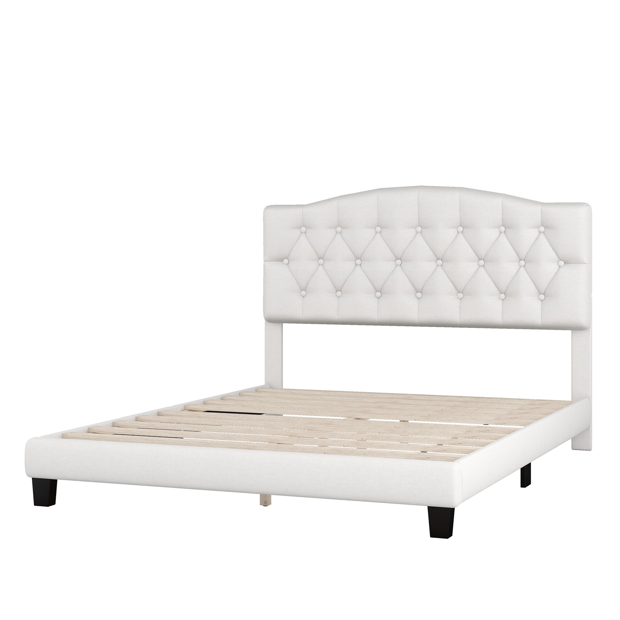 Beige Queen Size Upholstered Platform Bed with Diamond-Tufted Headboard