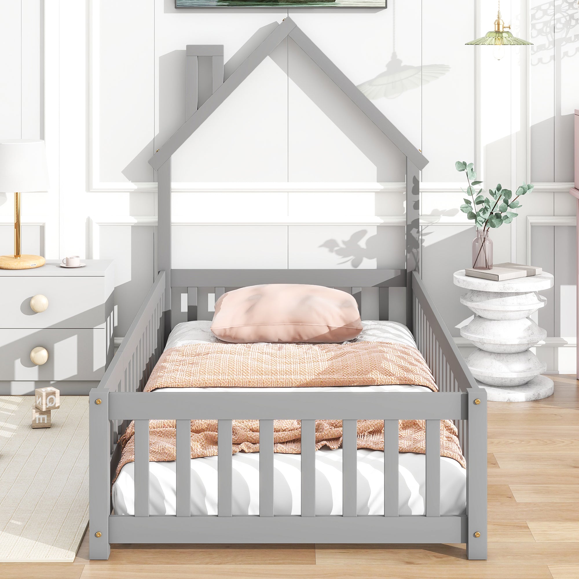 Gray Twin House-Shaped Headboard Floor Bed with Fence