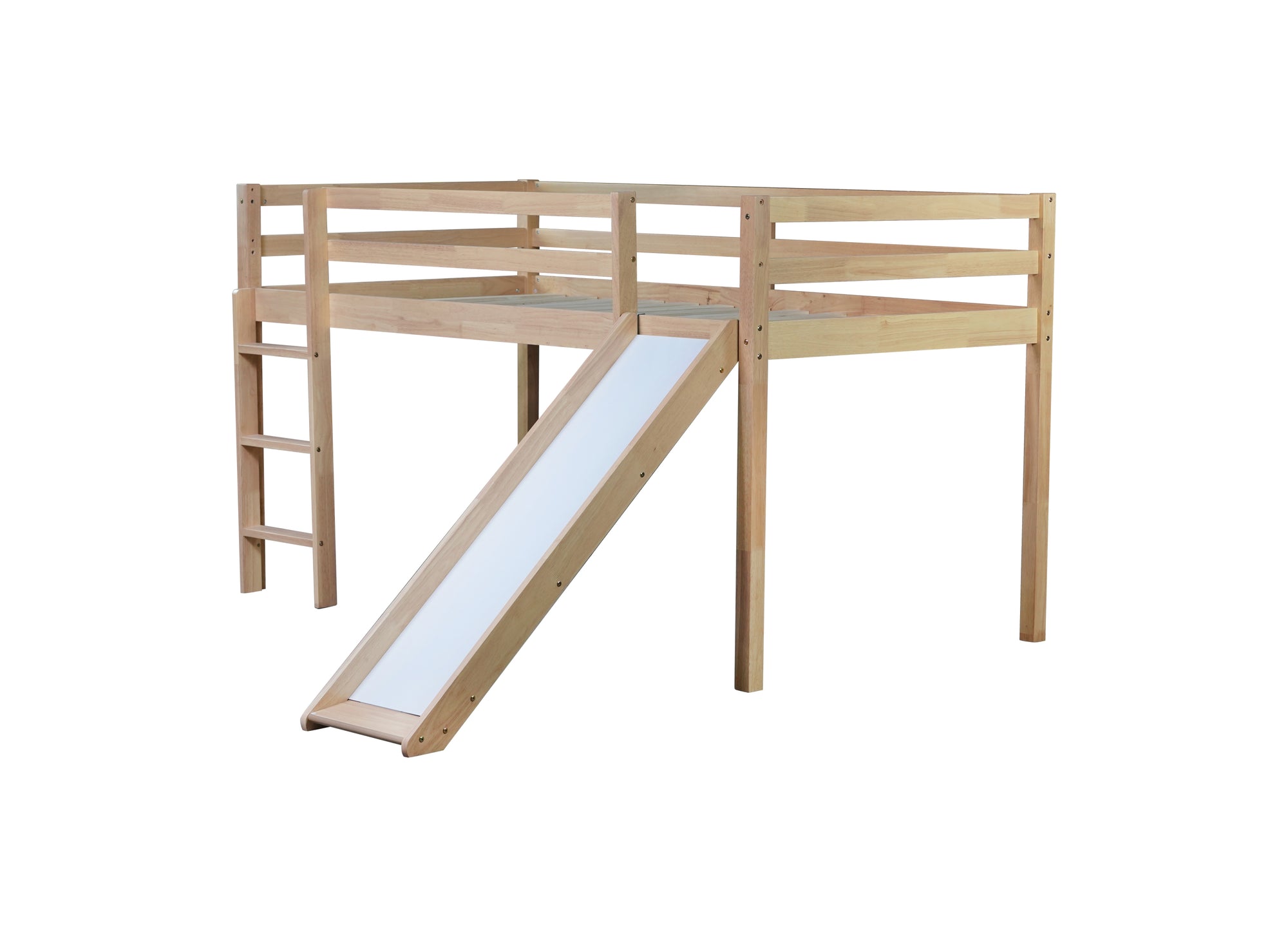 White Oak Twin Low Loft Bed with Slide and Ladder