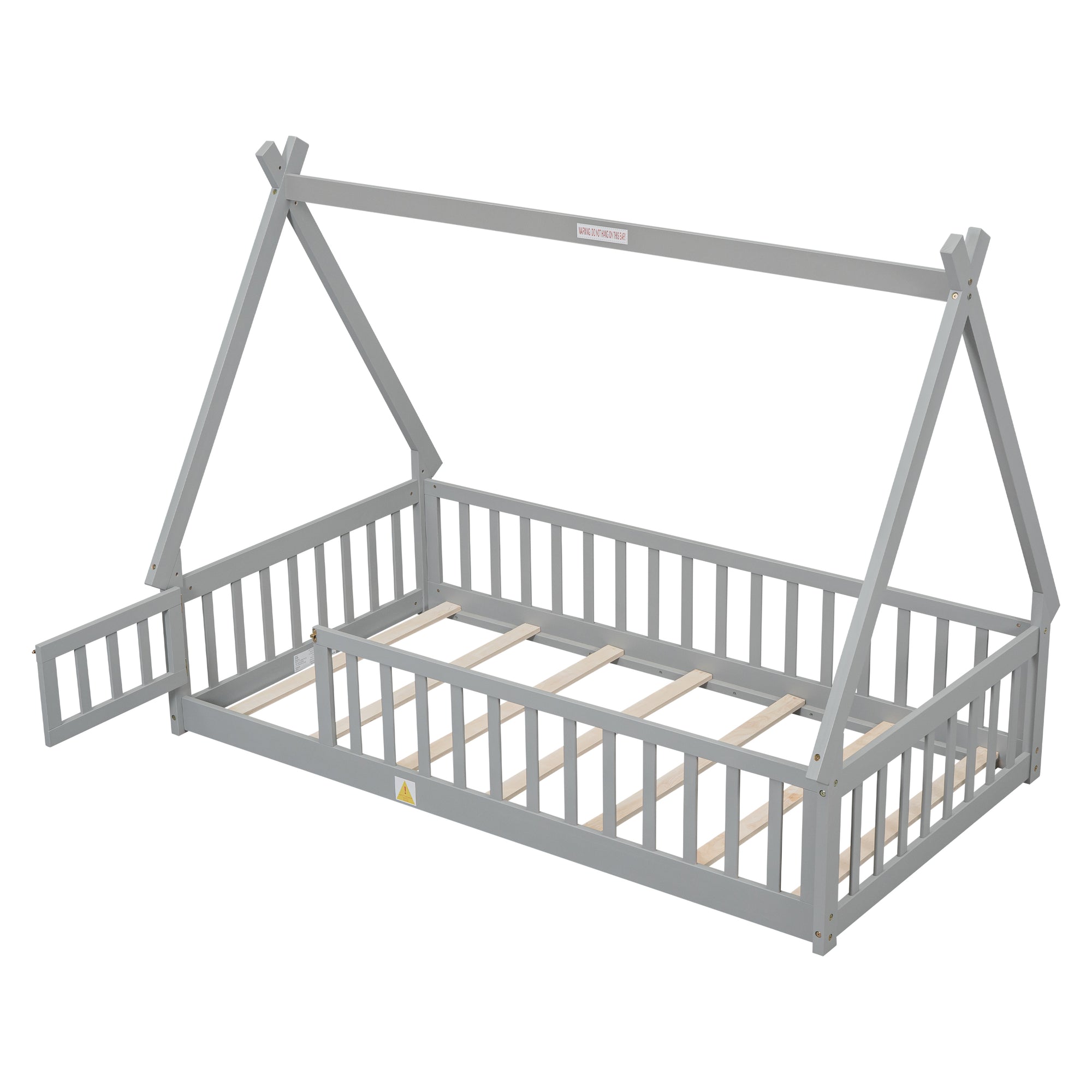 Gray Twin Tent-Shaped Toddler Floor Bed with Guardrails, Slats, and Door