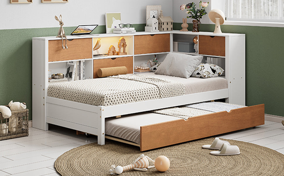 White & Walnut Twin Daybed with L-Shaped Bookcases, Trundle, and LED Downlight