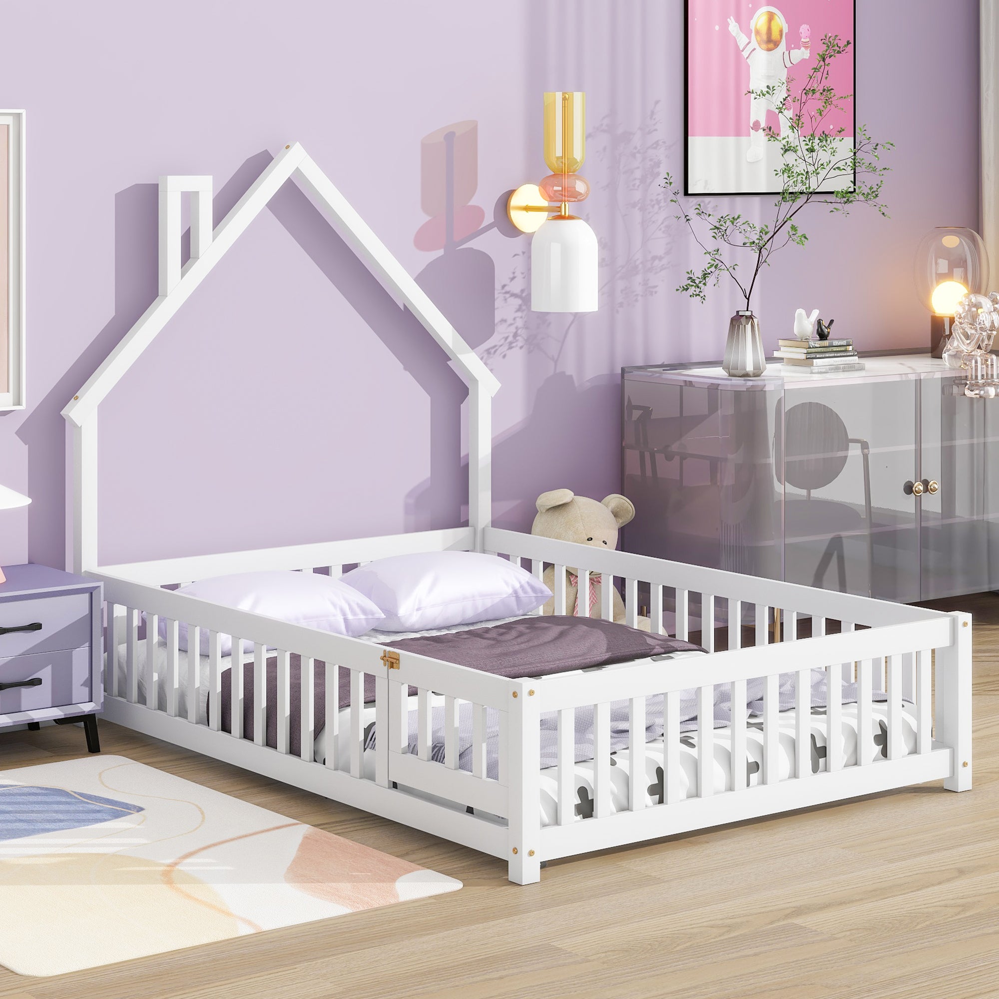 White Full House-Shaped Headboard Toddler Floor Bed with Fence