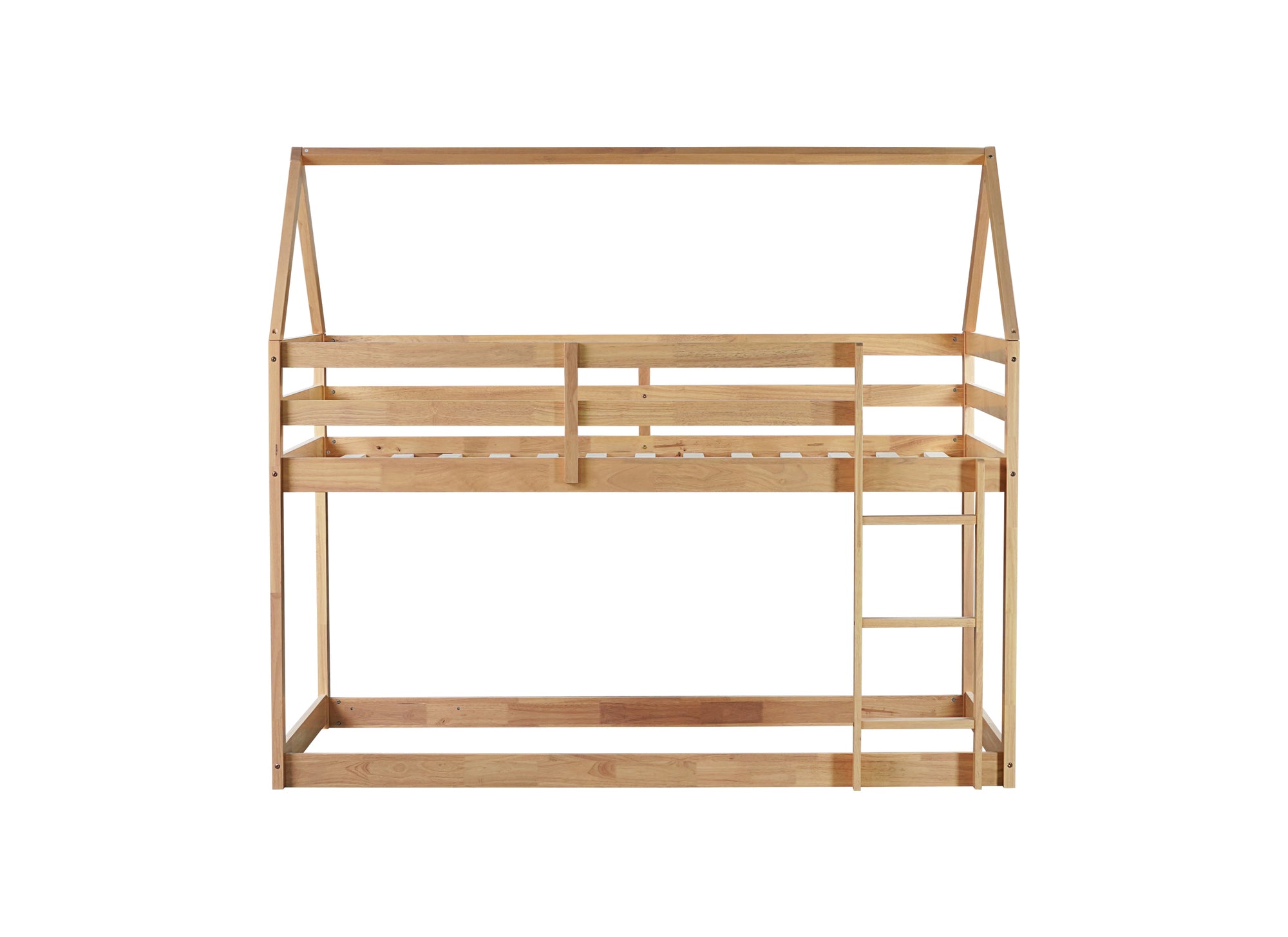 White Oak Twin Over Twin Rubber Wood House-Shaped Bunk Bed with Ladder & Guardrails