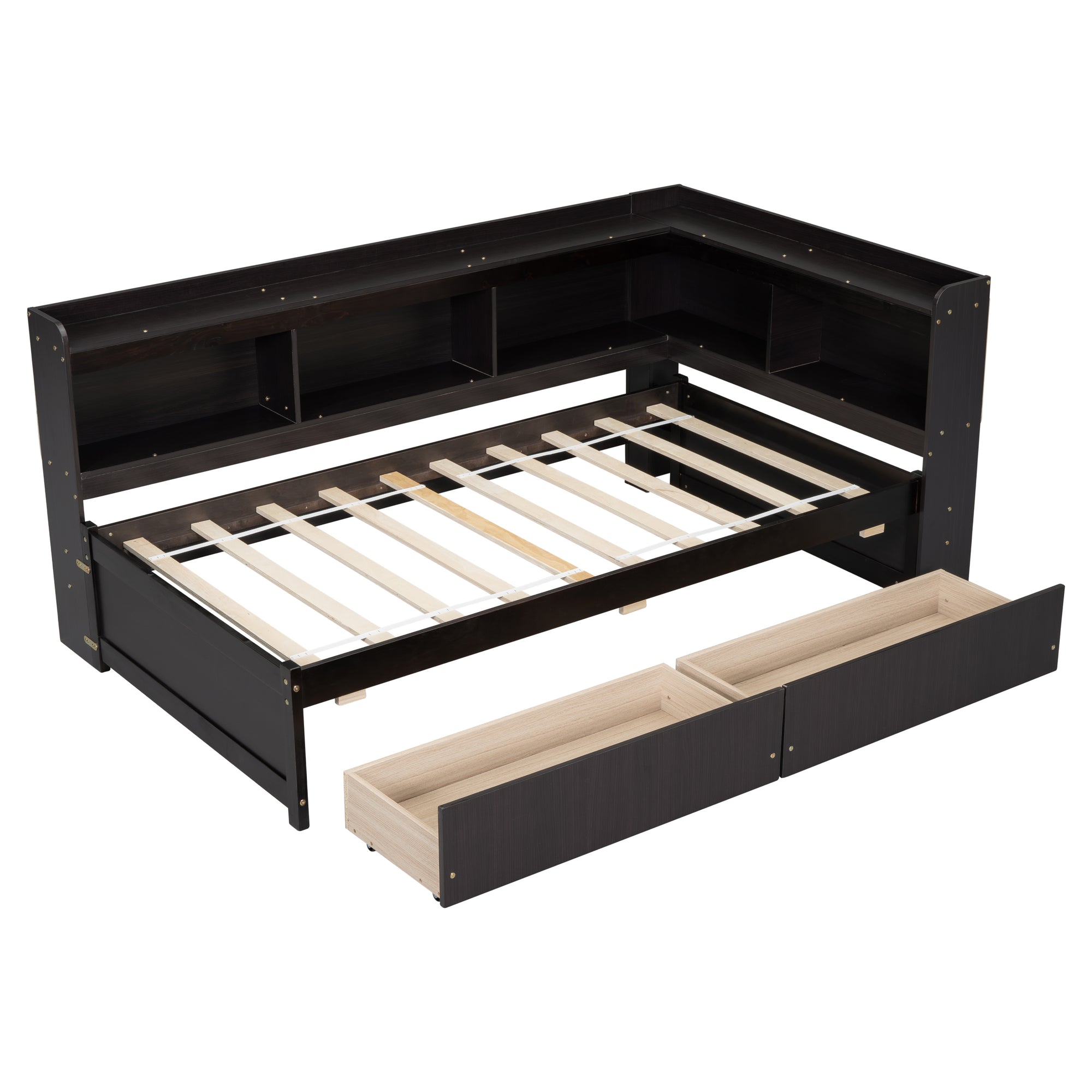 Espresso Tone Twin Bed with L-Shaped Bookcases and Storage Drawers