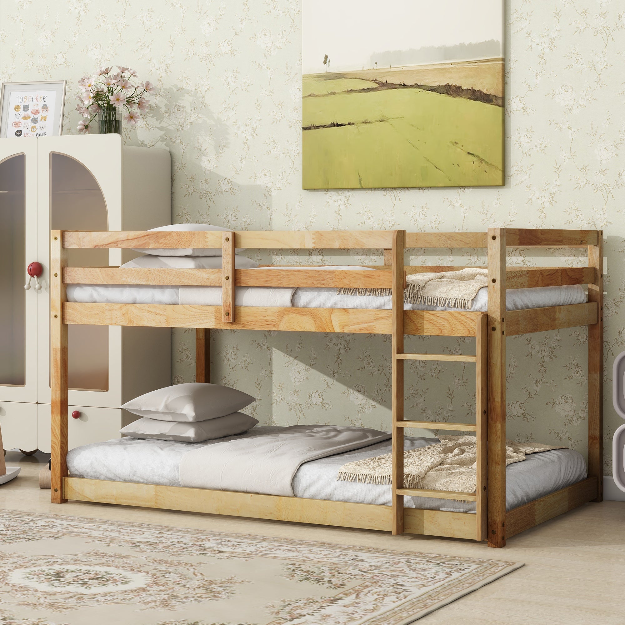 Twin Over Twin Rubber Wood Loft Bed with Ladder in Natural Finish