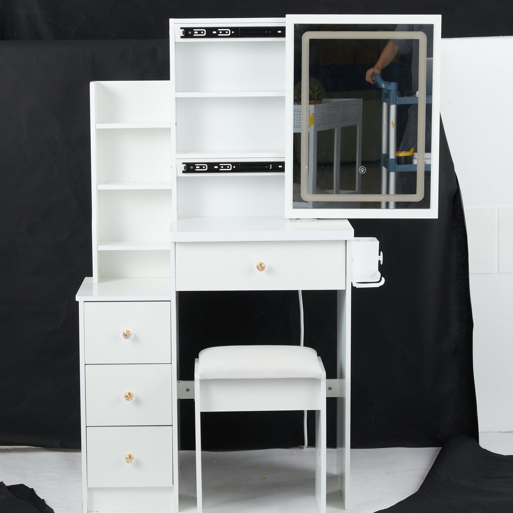 Small Size Left Bedside Cabinet Vanity Table with Cushioned Stool and Extra Large Touch Control LED Mirror In White