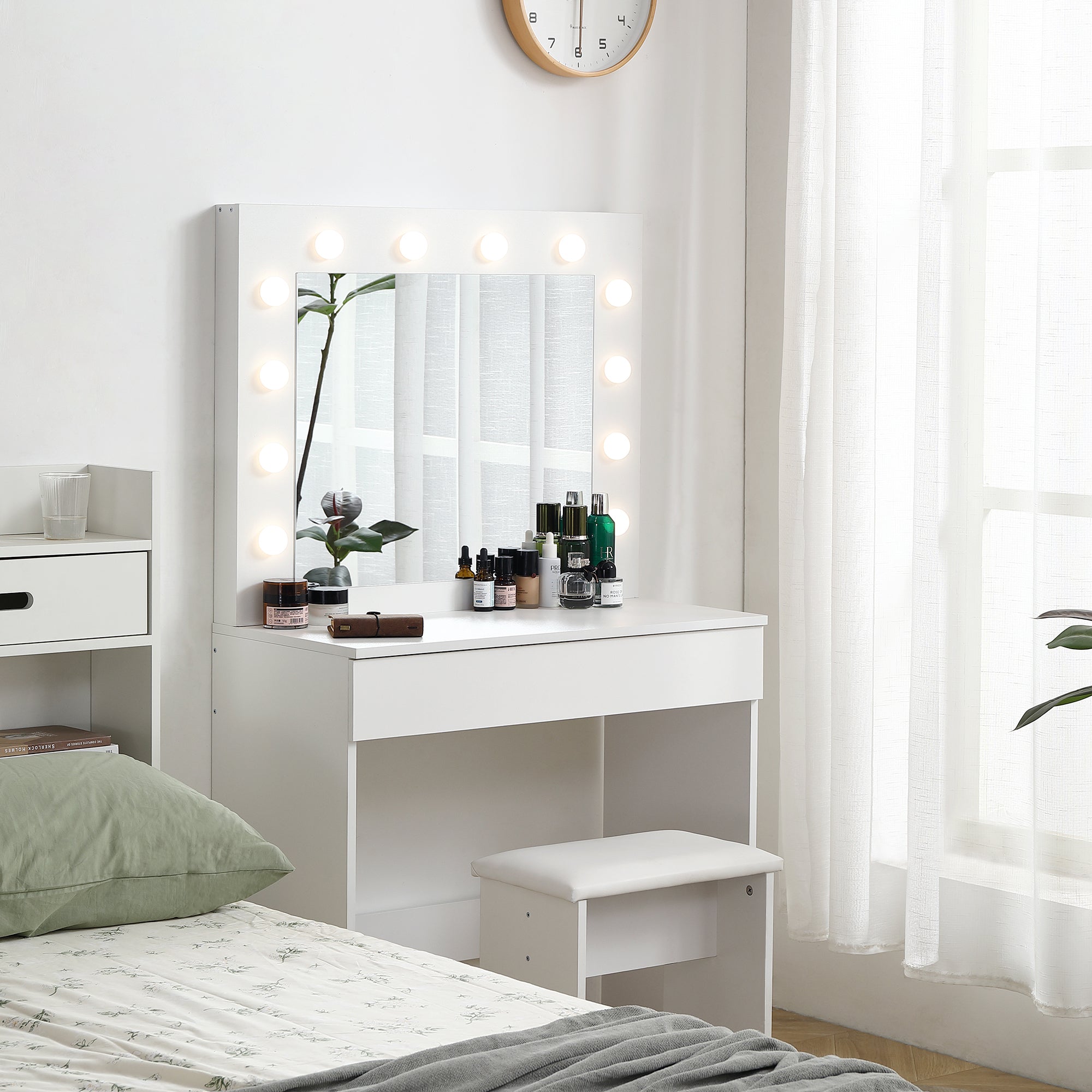 Vanity Table With Large Lighted Mirror And Drawer In White