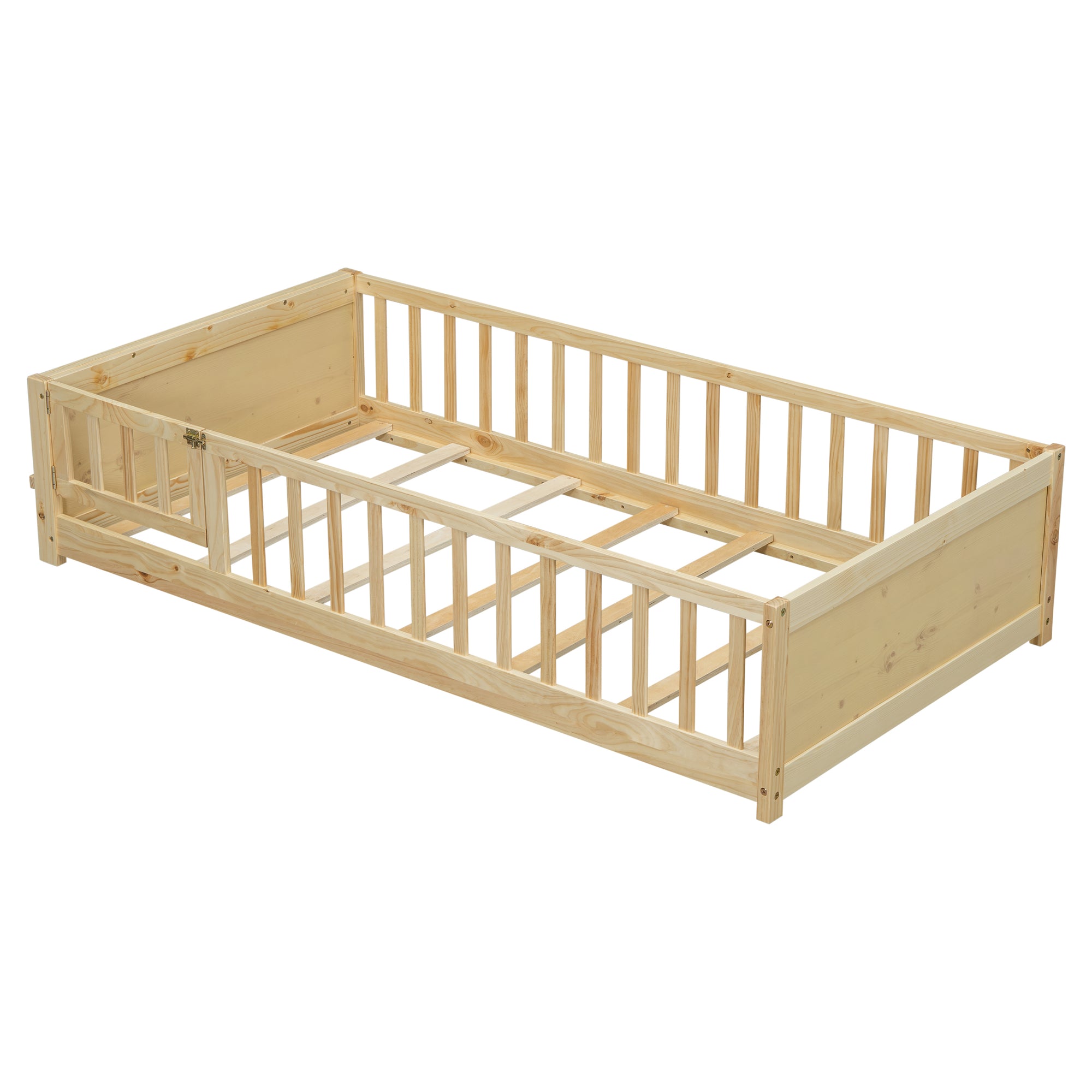 Natural Finish Twin Size Toddler Floor Platform Bed with Built-in Book Storage Rack and Door