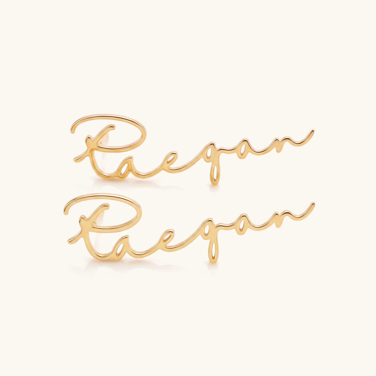 18k Dainty Custom Name Earrings – pair of gold cursive name earrings