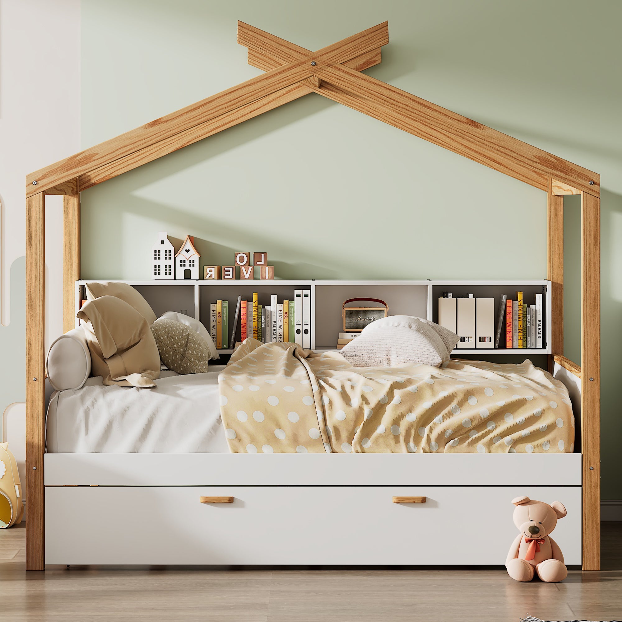 White and Natural Tone Full House Bed with Trundle and Bookshelf Storage