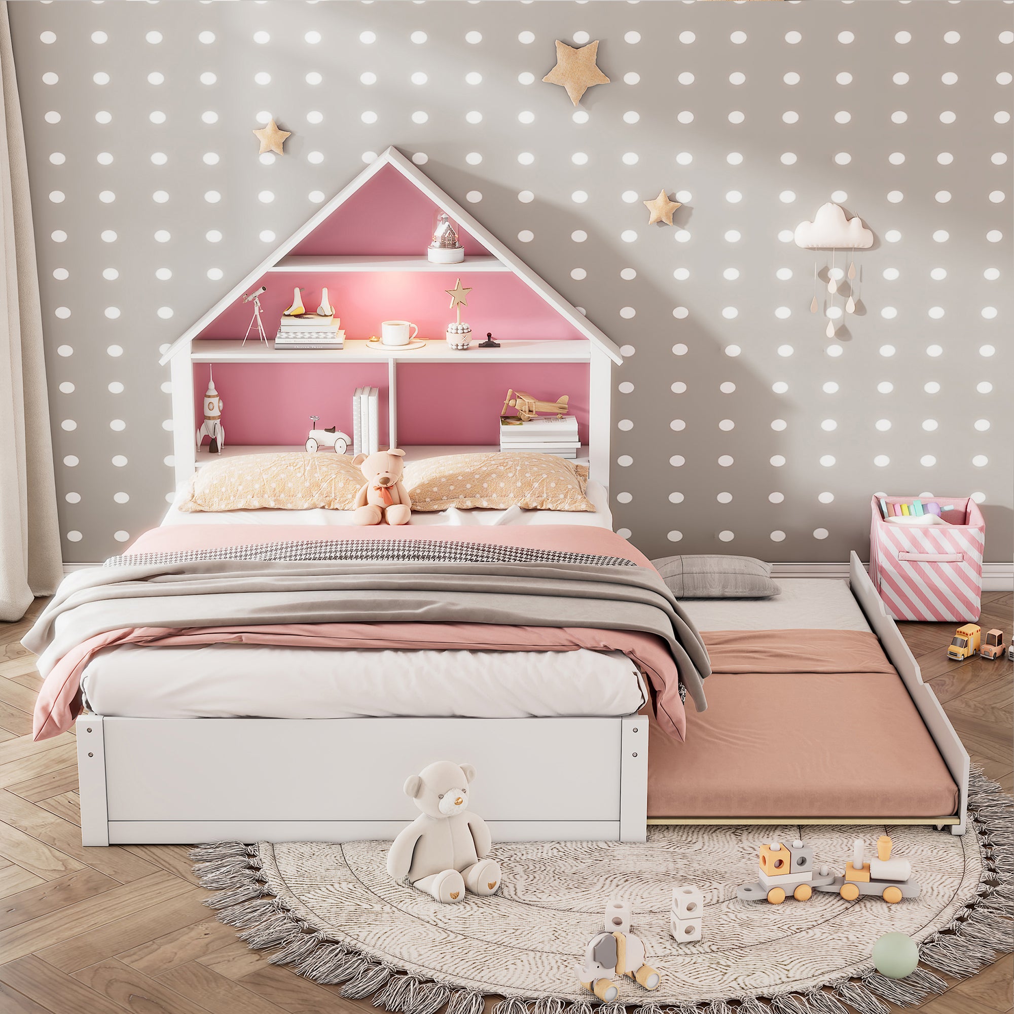 White & Pink Full Size Bed with Trundle, Bookcase Headboard & Motion-Activated Nightlight