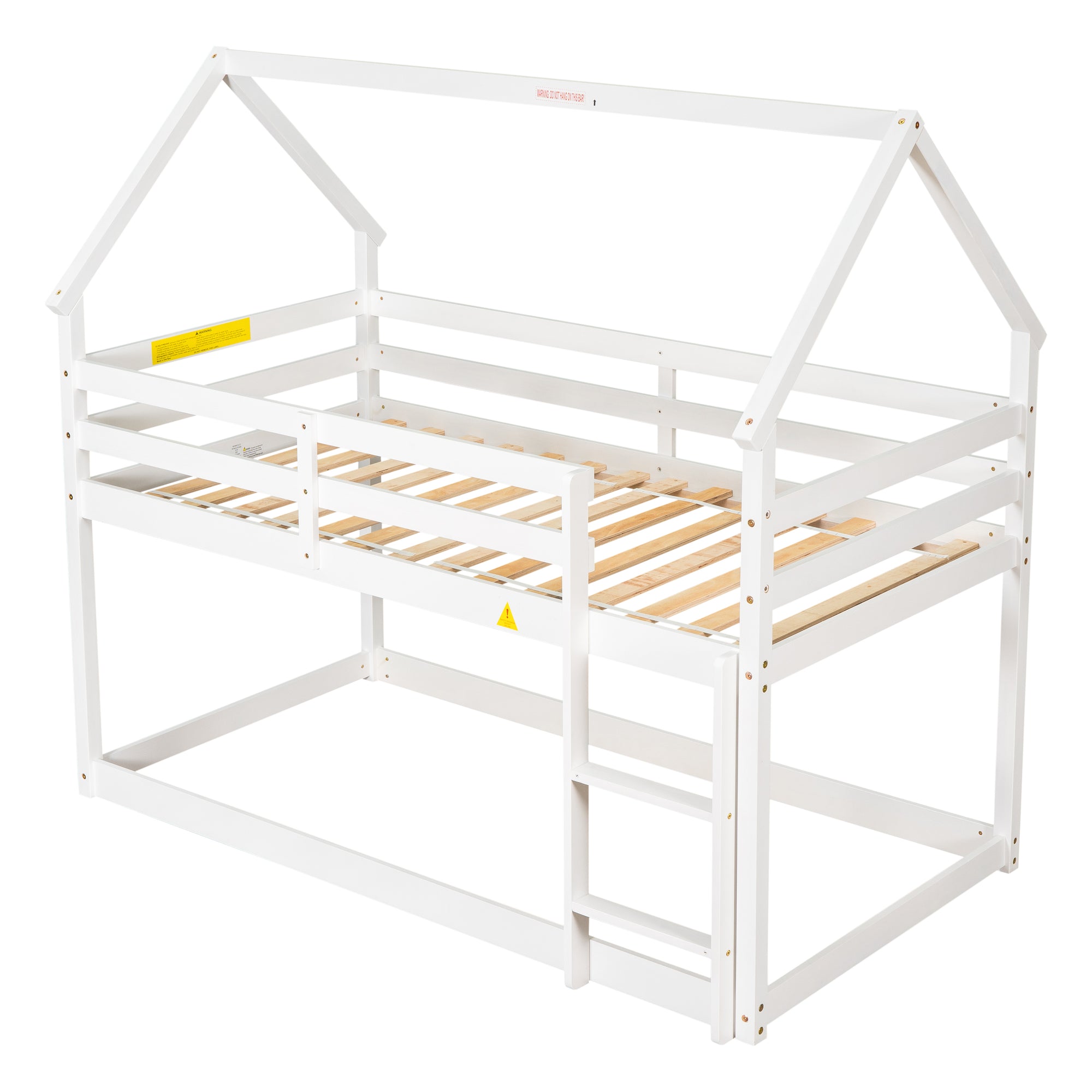 White Twin over Twin Loft Bed with Roof Design, Safety Guardrail, and Ladder