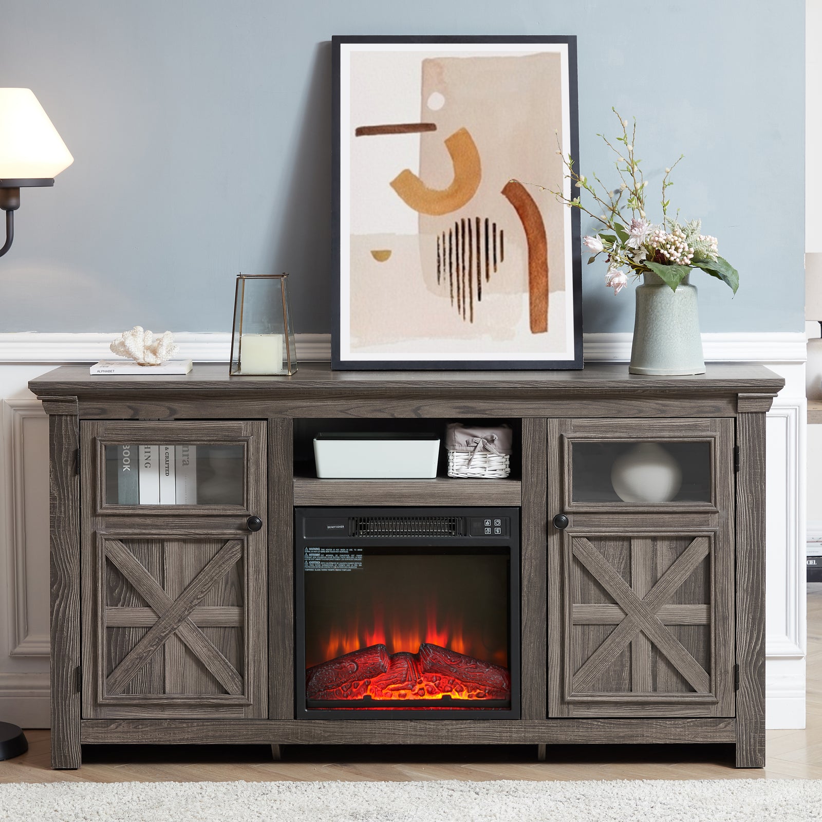 60" Gray Farmhouse TV Stand With Electric Fireplace