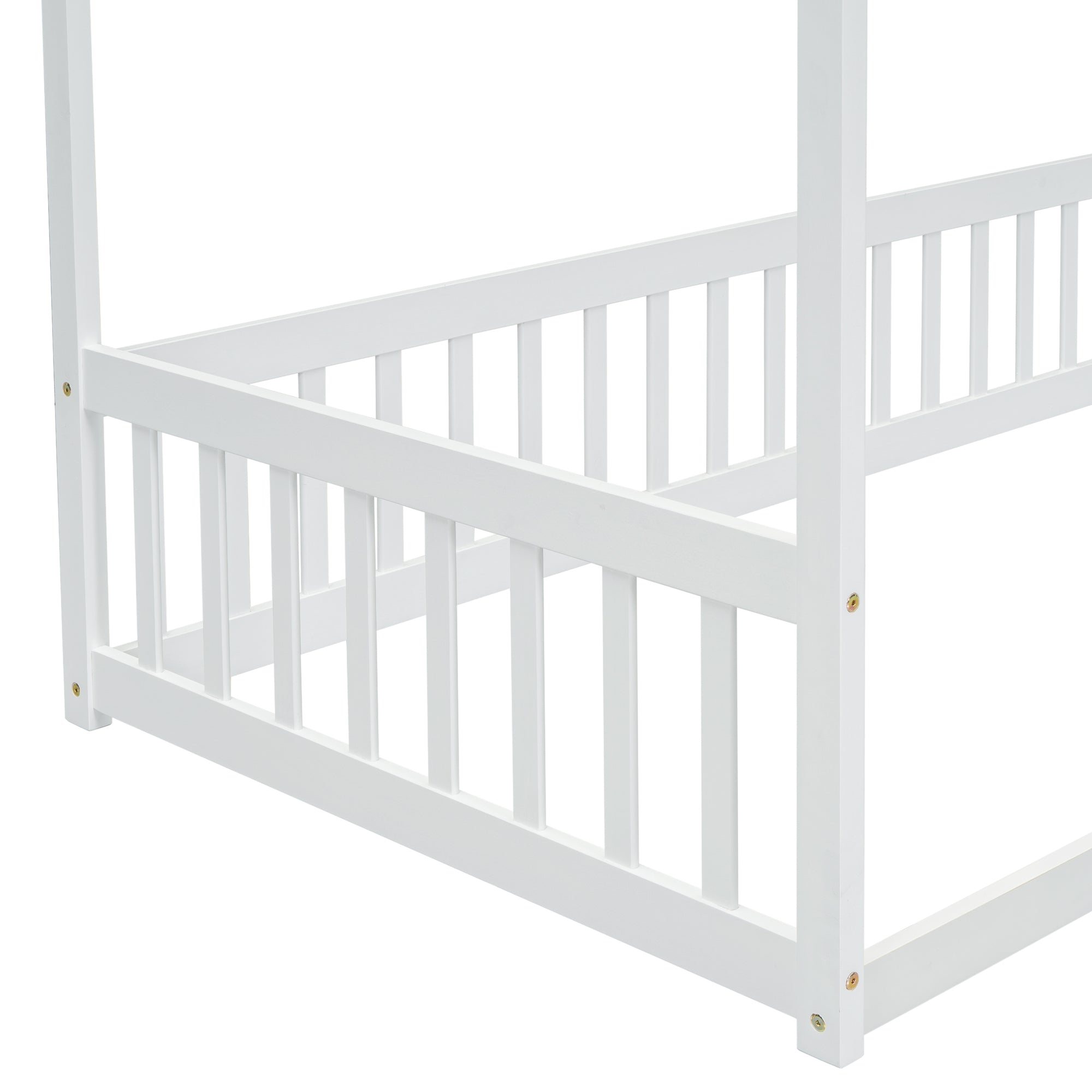 Twin Size White Canopy Frame Floor Bed with Fence and Guardrails