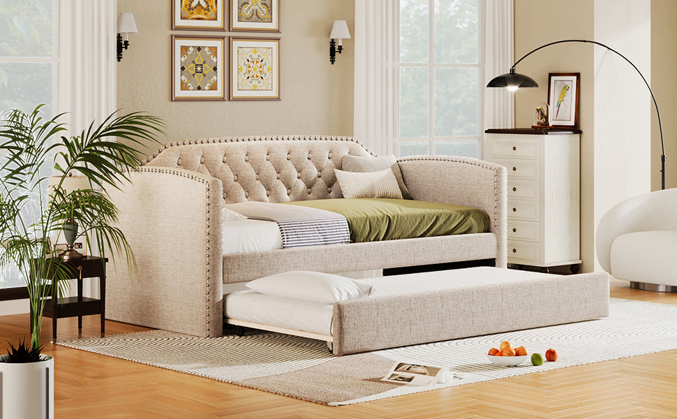 Twin Upholstered Daybed with Trundle in Beige Linen