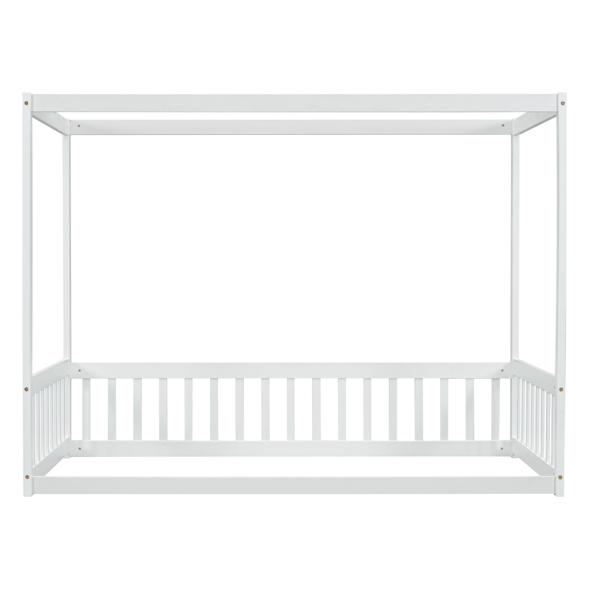 Twin Size White Canopy Frame Floor Bed with Fence and Guardrails