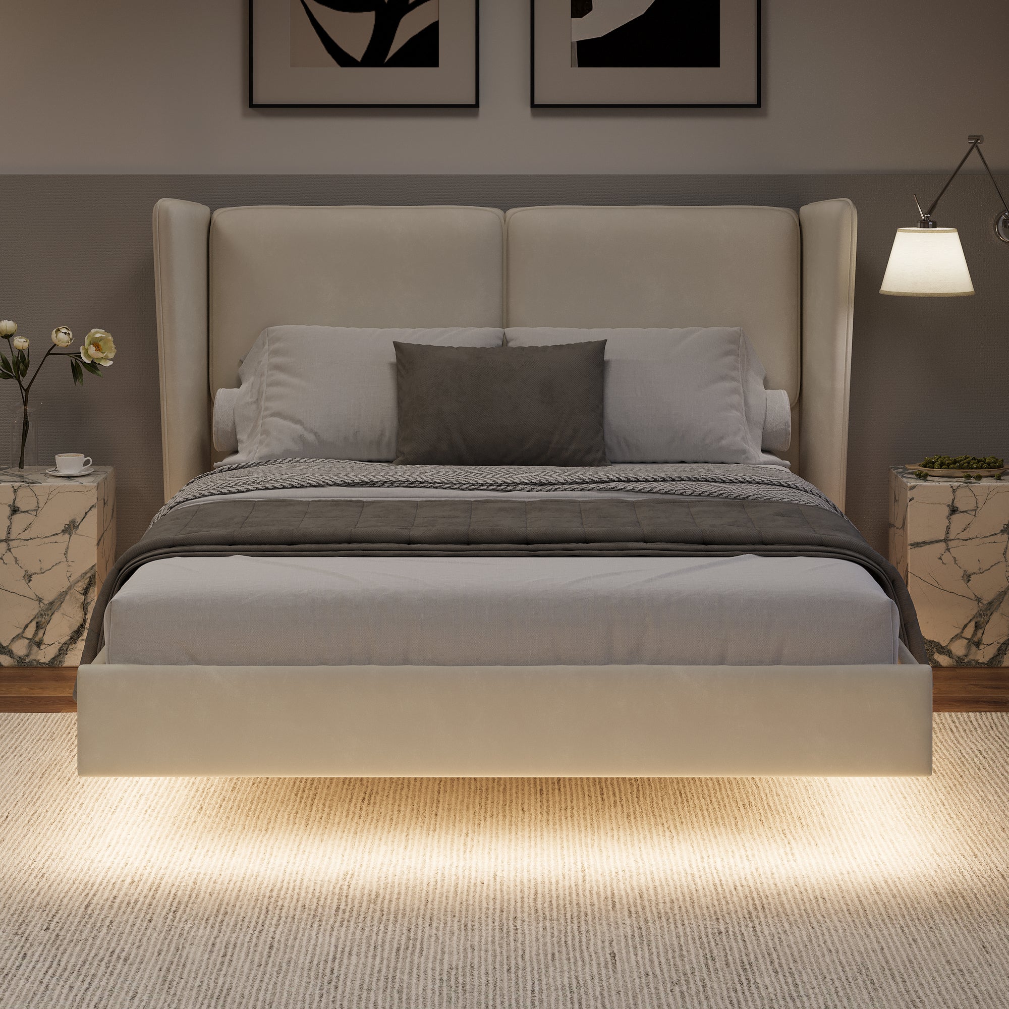 Modern Full-Size Floating Velvet Platform Bed With LED Lighting & Winged Back