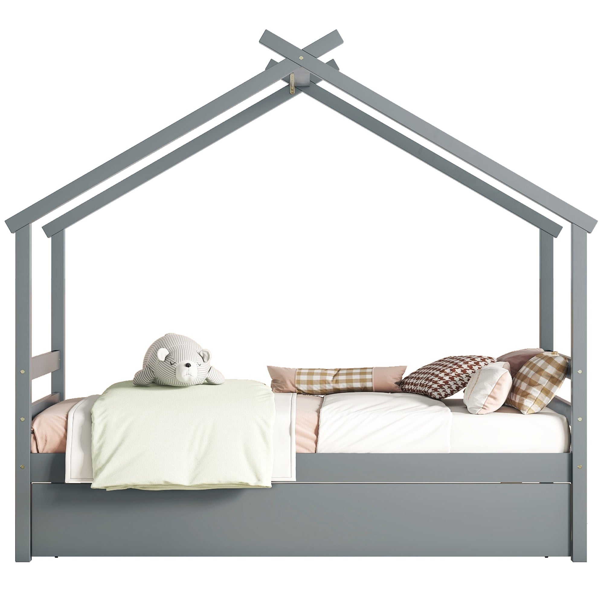 Gray Twin House-Shaped Bed with Pull-Out Trundle