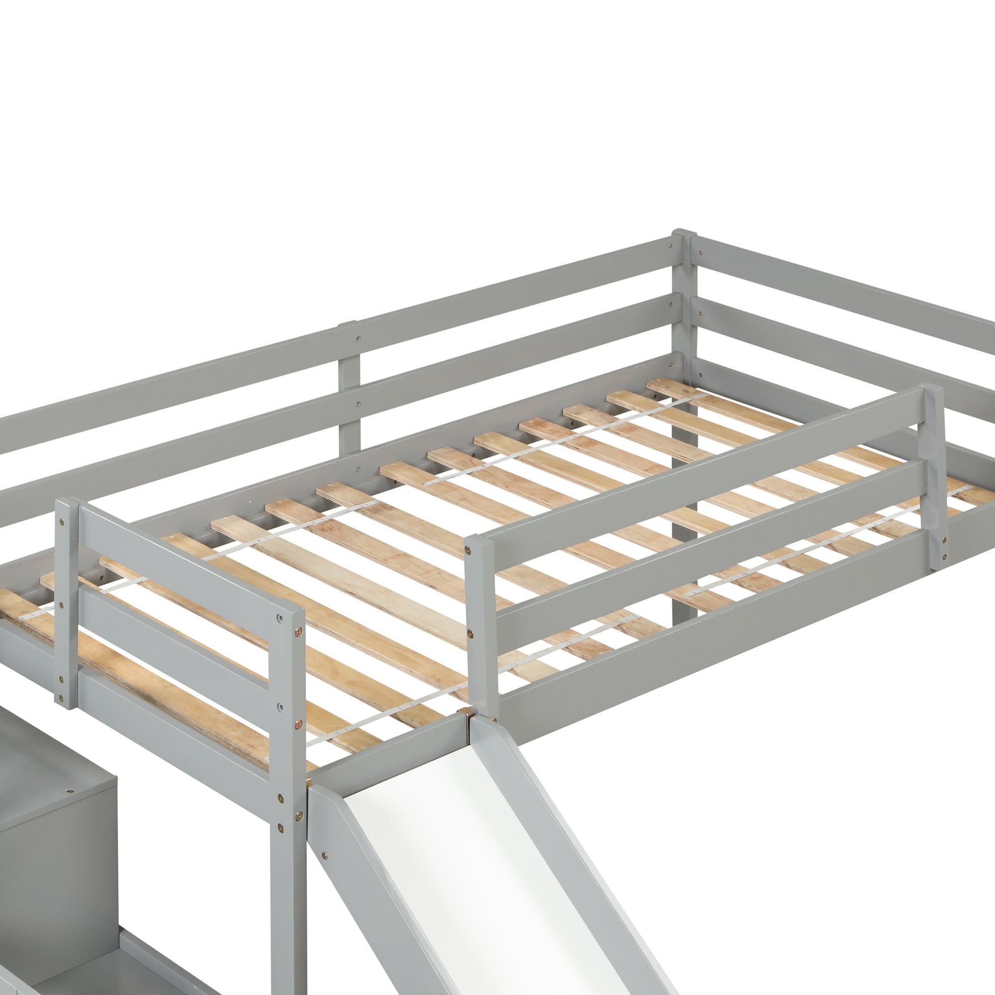 Gray Twin Loft Bed with Slide, Storage Staircase, and Full-Length Guardrails