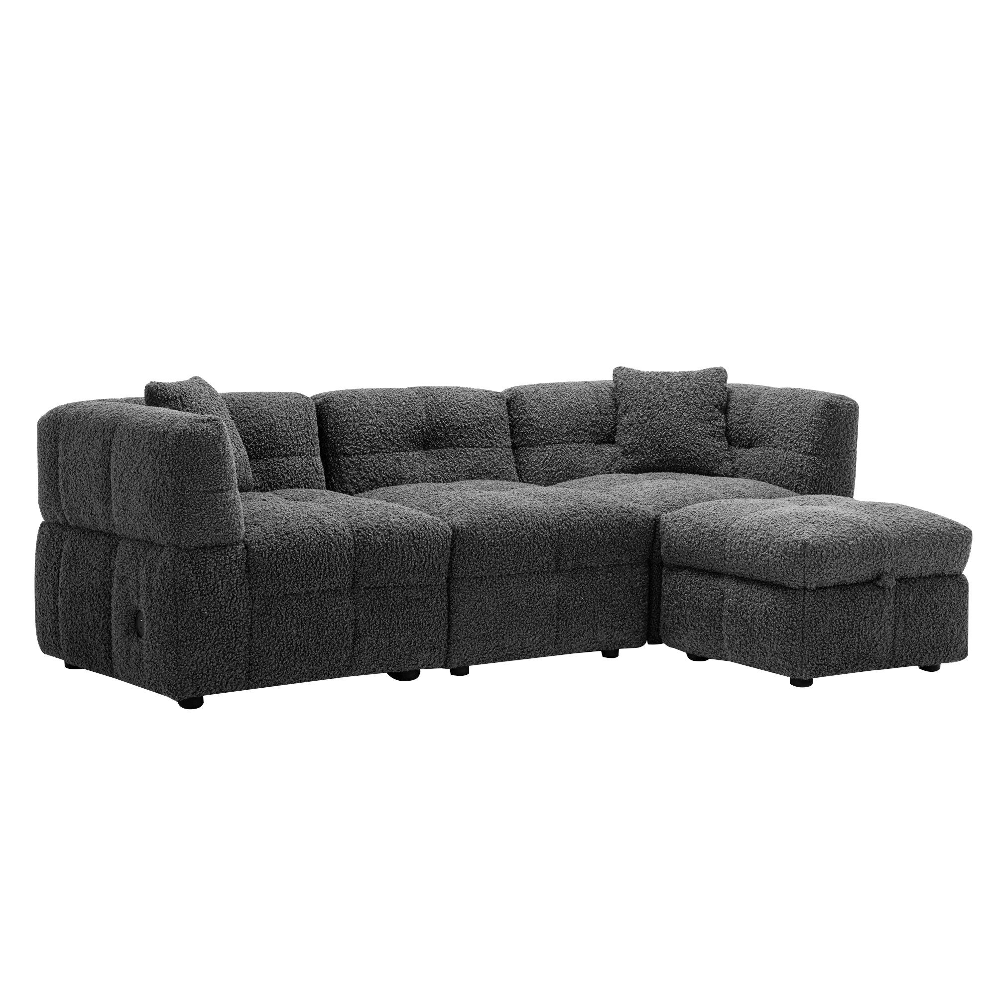 Gray Teddy Fleece Sectional Sofa with Multi-Functional Storage Ottoman