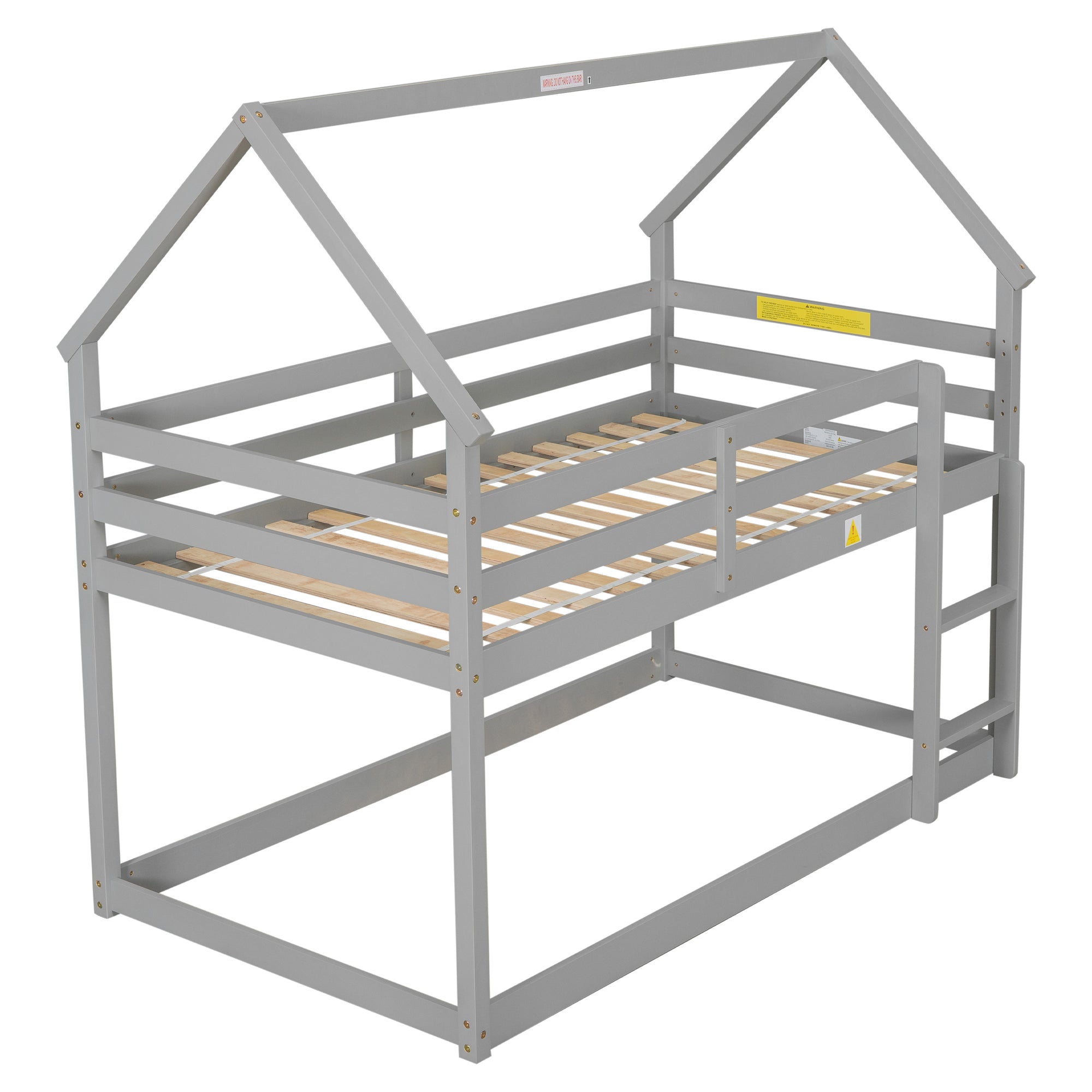 Twin over Twin Bunk Bed with Wood House Roof in Gray