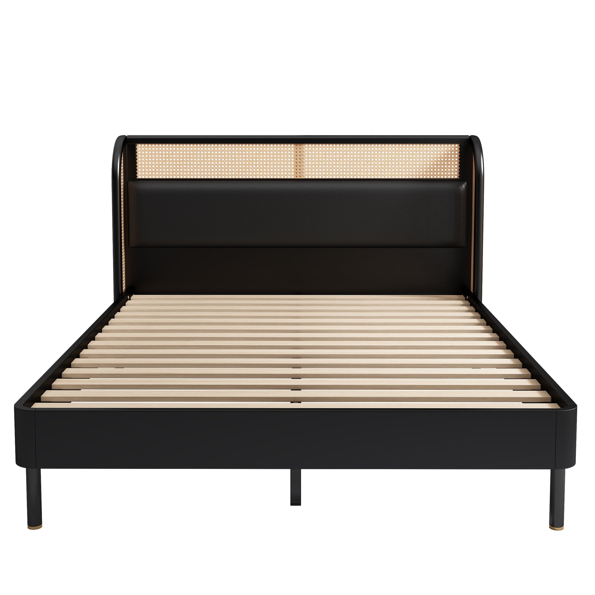 Queen Size Rattan and Faux Leather Upholstered Platform Bed in Black