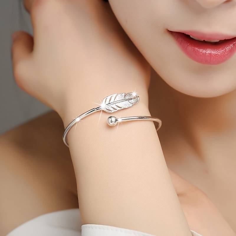 Silver feather bangle feather bracelet