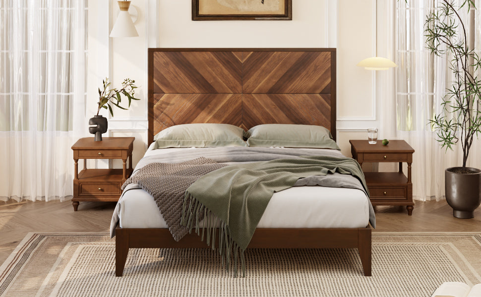 Walnut Mid-Century Modern Full Wood Bed Frame