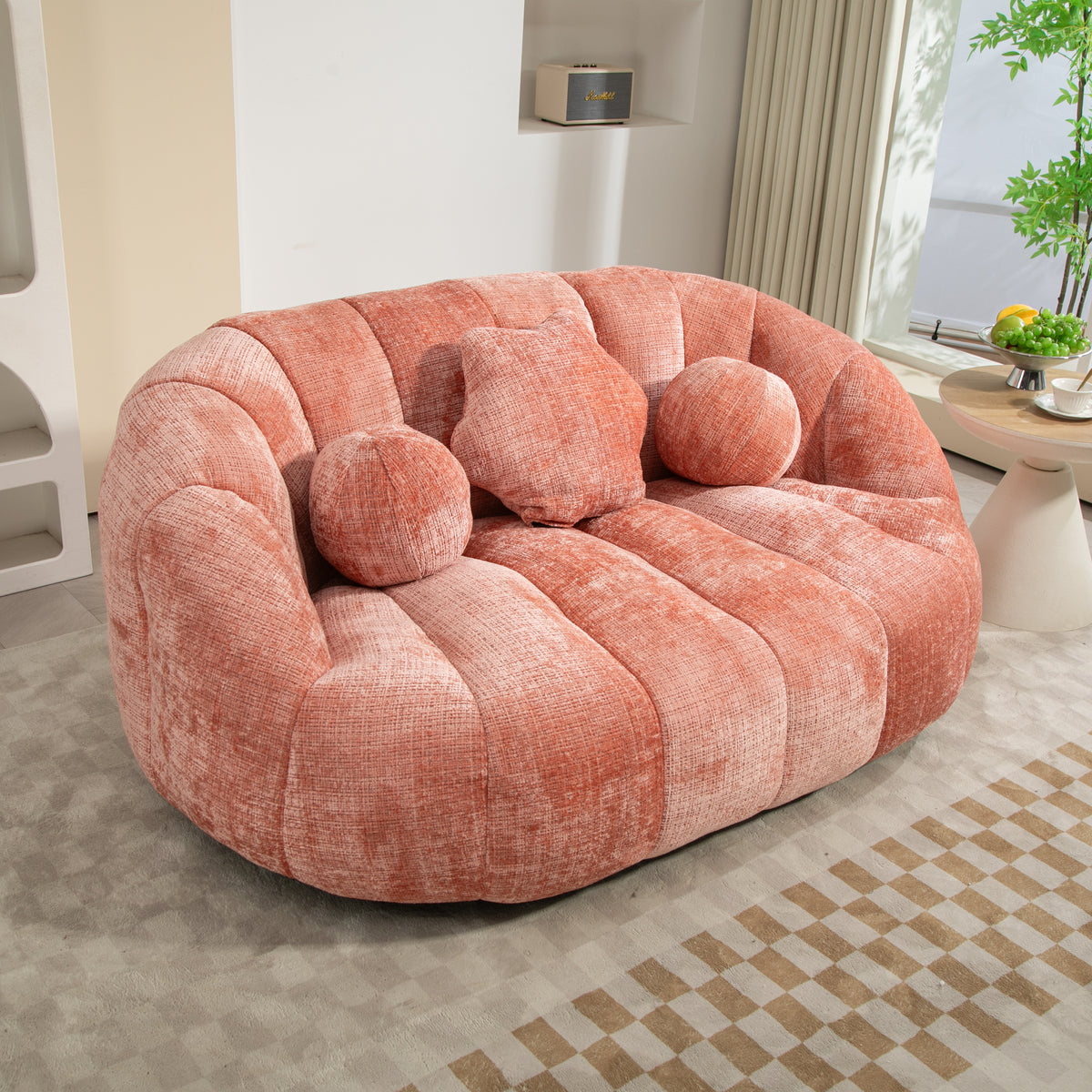 Pink Chenille Bean Shape 2-Seater Lazy Sofa