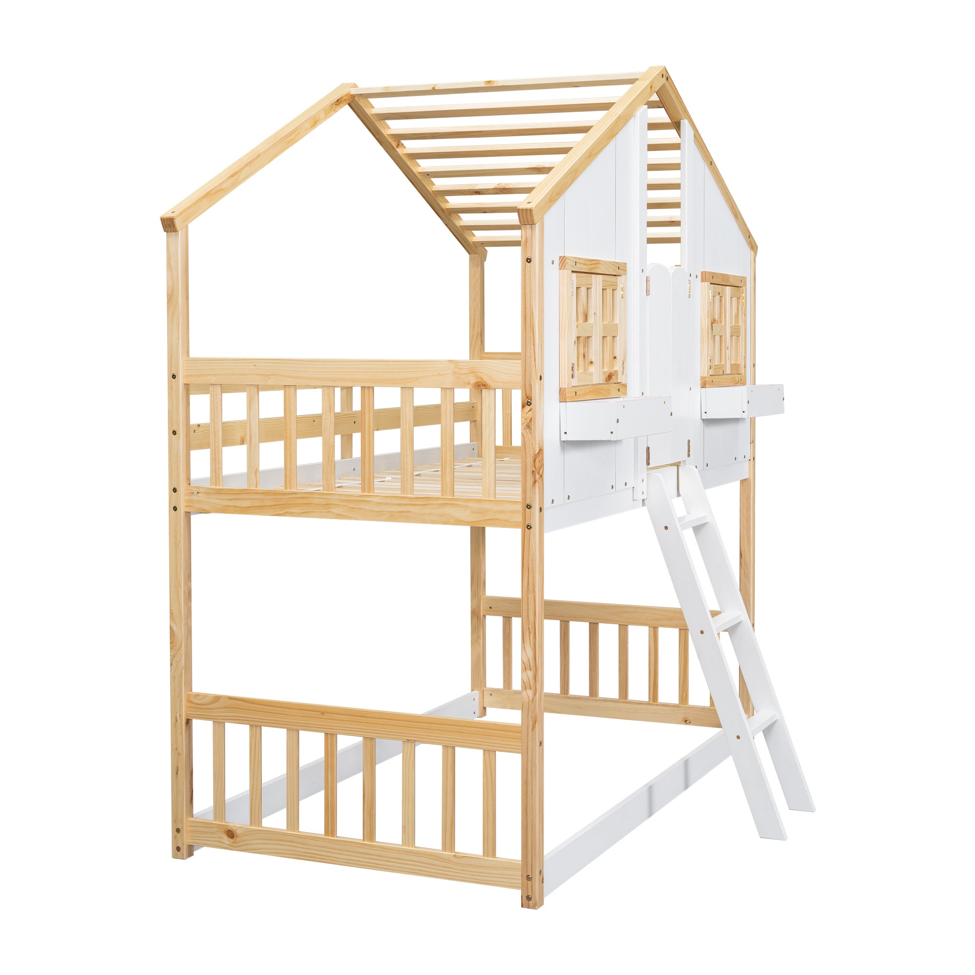 Twin Over Twin House Bunk Bed with Roof, Window, and Door in Natural and White Tones