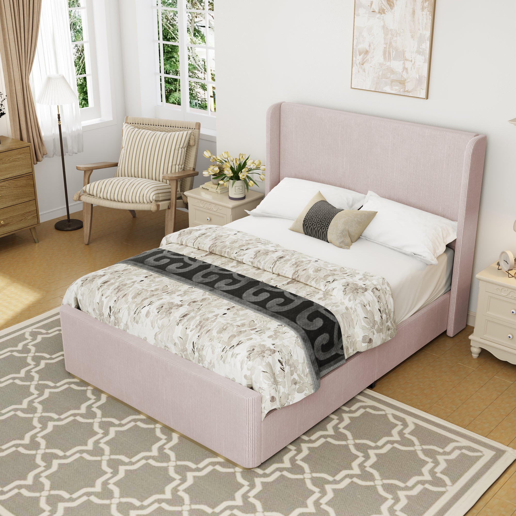 Pink Queen Upholstered Corduroy Bed Frame with High Wingback Headboard