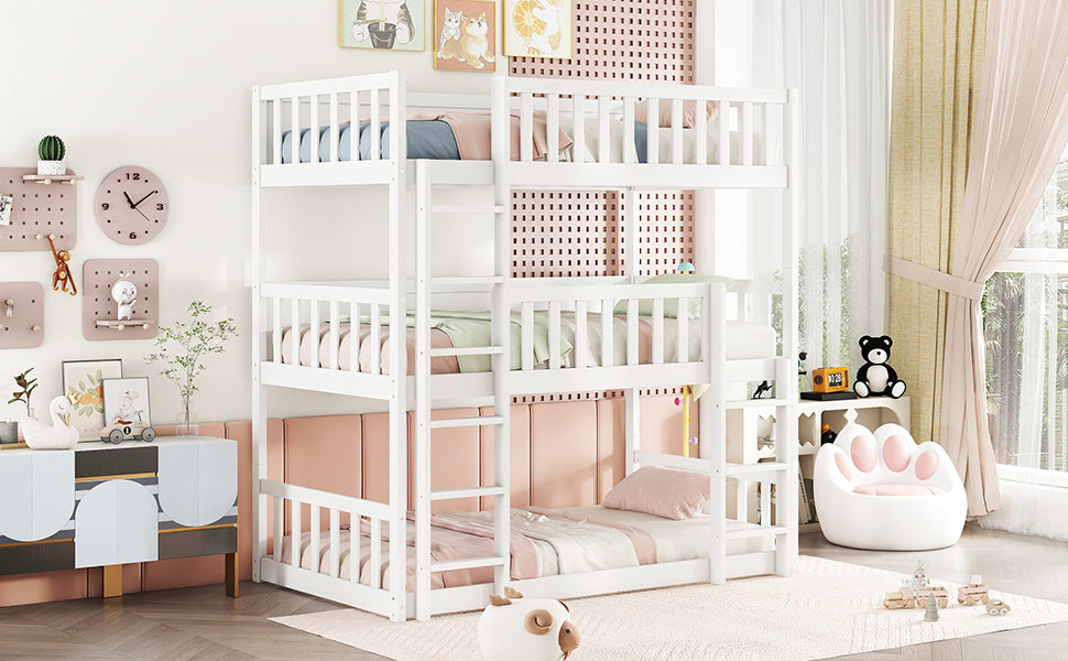 Detachable Twin Size Triple Bunk Bed with Ladders and Guardrails in White